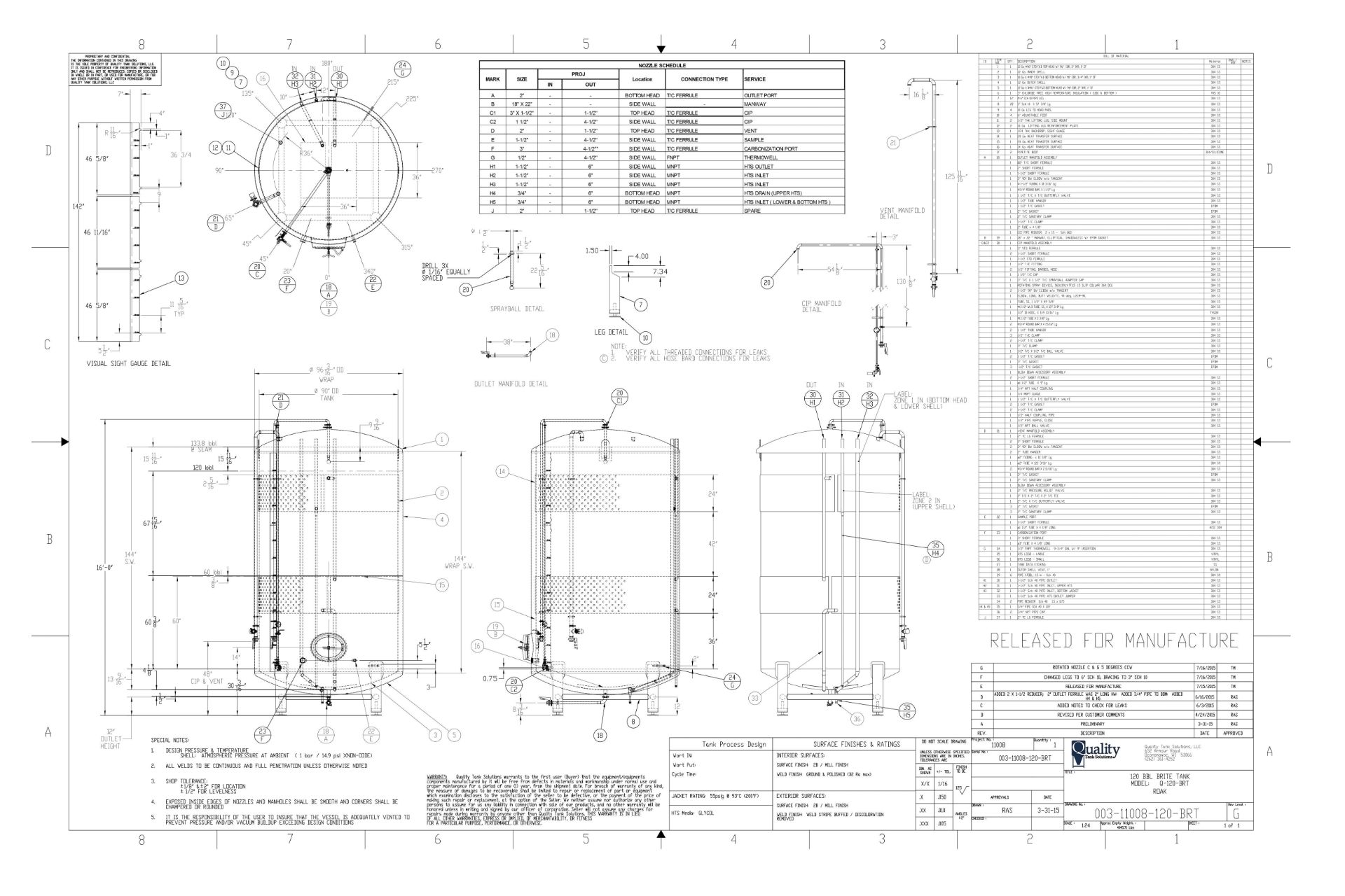 2015 Quality Tank 120 BBL Brite Tank, Center Outlet Dish Bo - Subj to Bulks | Rig Fee: $3000 Cradled - Image 2 of 9