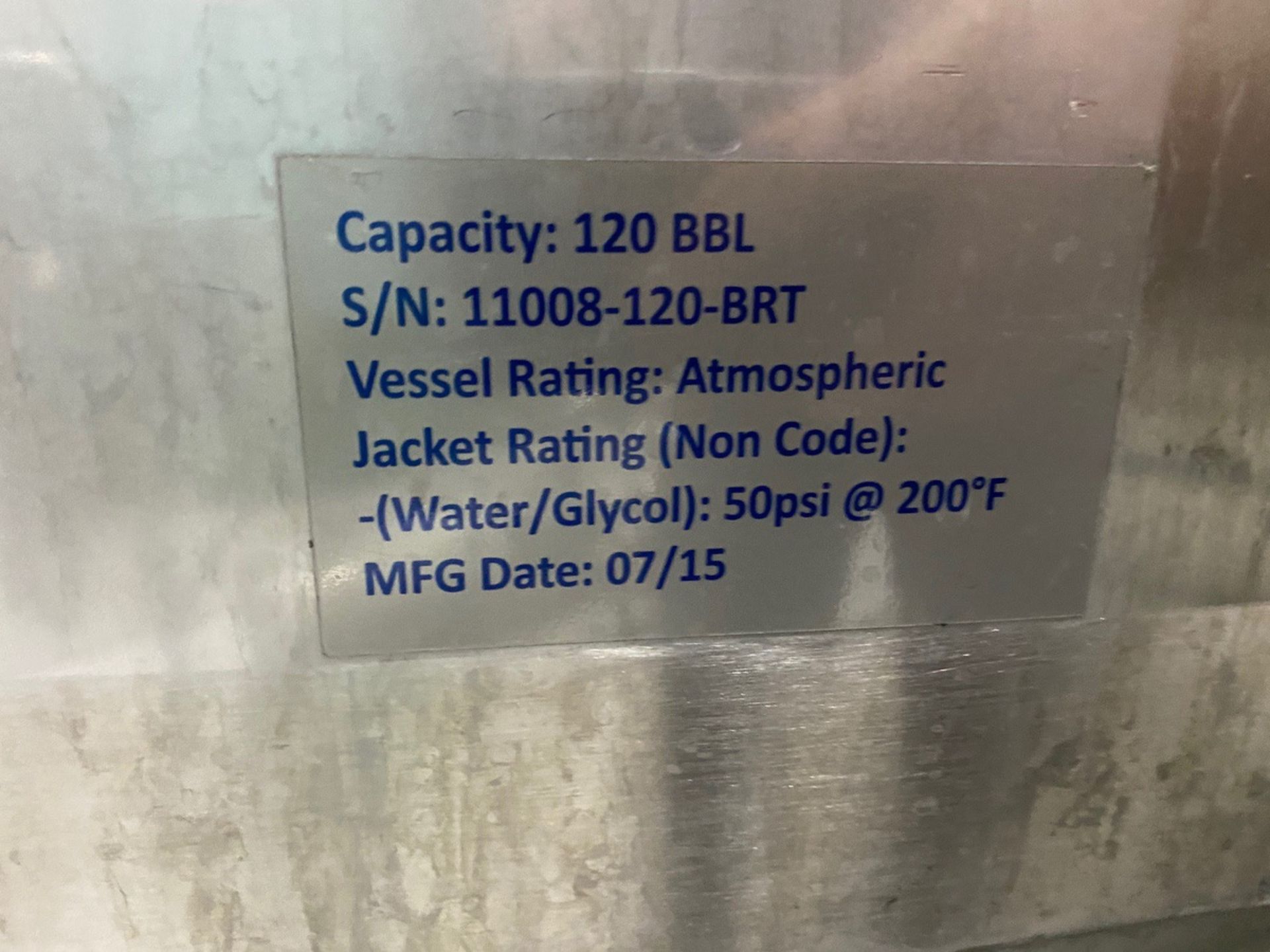 2015 Quality Tank 120 BBL Brite Tank, Center Outlet Dish Bo - Subj to Bulks | Rig Fee: $3000 Cradled - Image 9 of 9