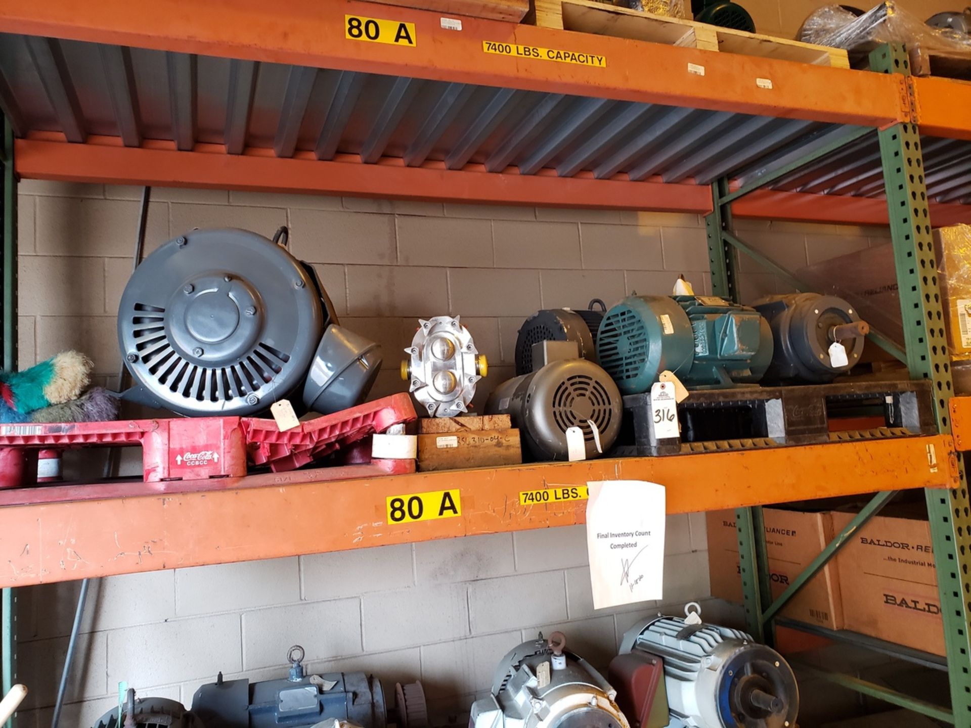 Contents of Pallet Rack Section, Spare Motors & Pump - Subj to Bulks | Reqd Rig Fee: $50
