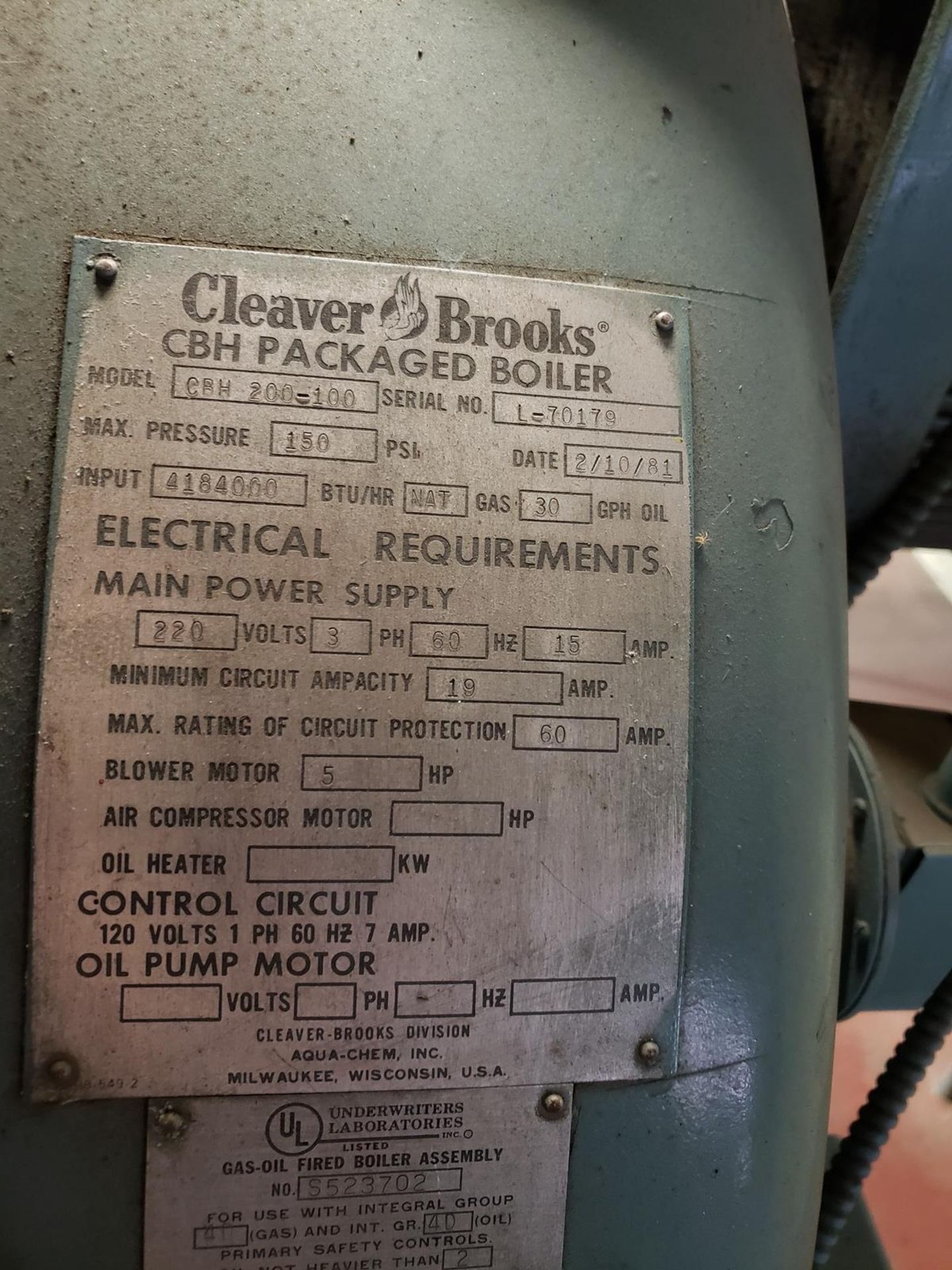 Cleaver Brooks Steam Boiler, Natural Gas Fired, M# CBH 200-100, S/N L-70179 | Rig Fee $2500 - Image 3 of 4