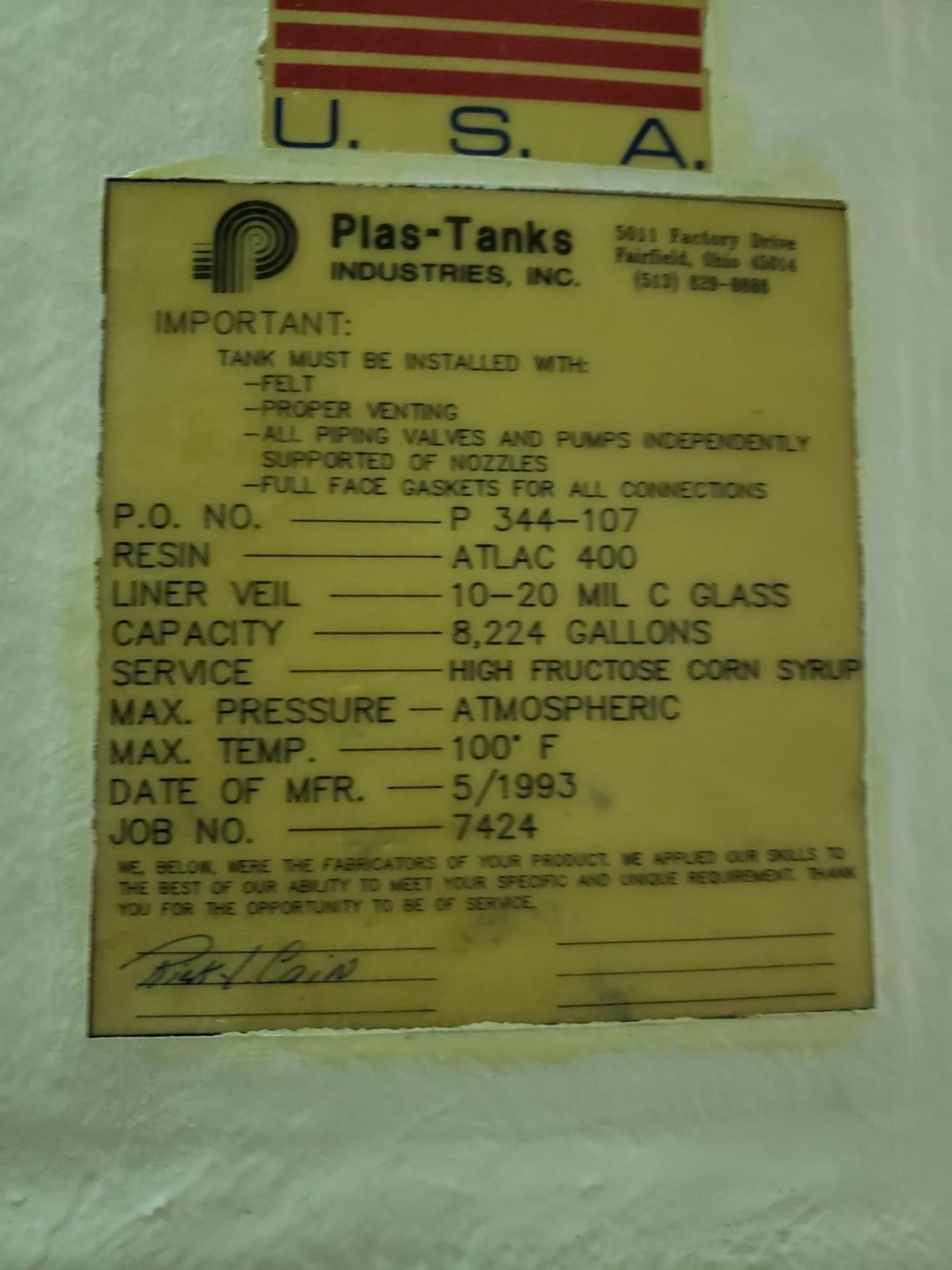 Plas Tanks 8,224 Gallon Fiberglass Corn Syrup Tank | Rig Fee $2000 - Image 2 of 2