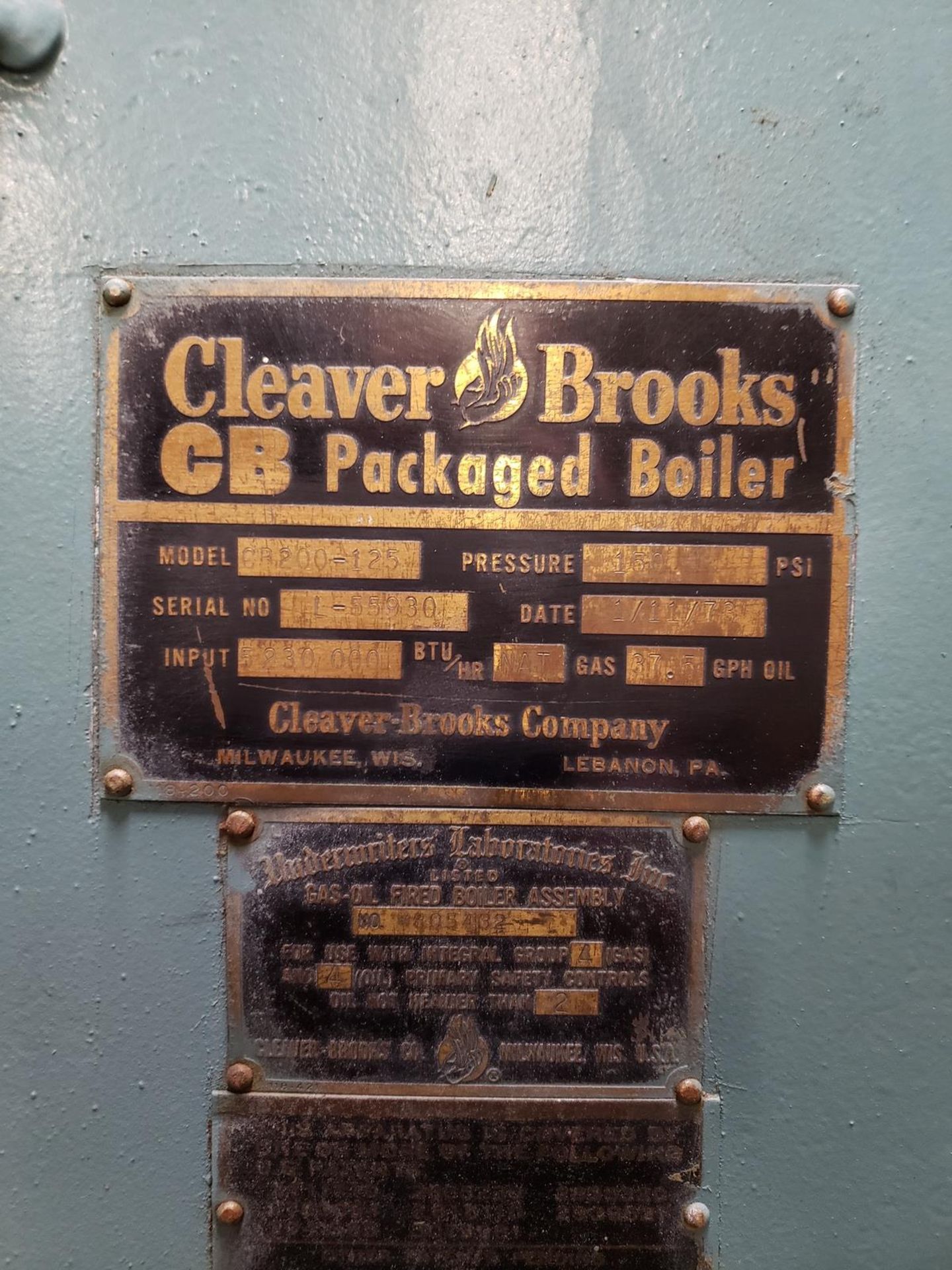 Cleaver Brooks Steam Boiler, Natural Gas Fired, M# CB 200-125, S/N L-55930 | Rig Fee $2500 - Image 2 of 3