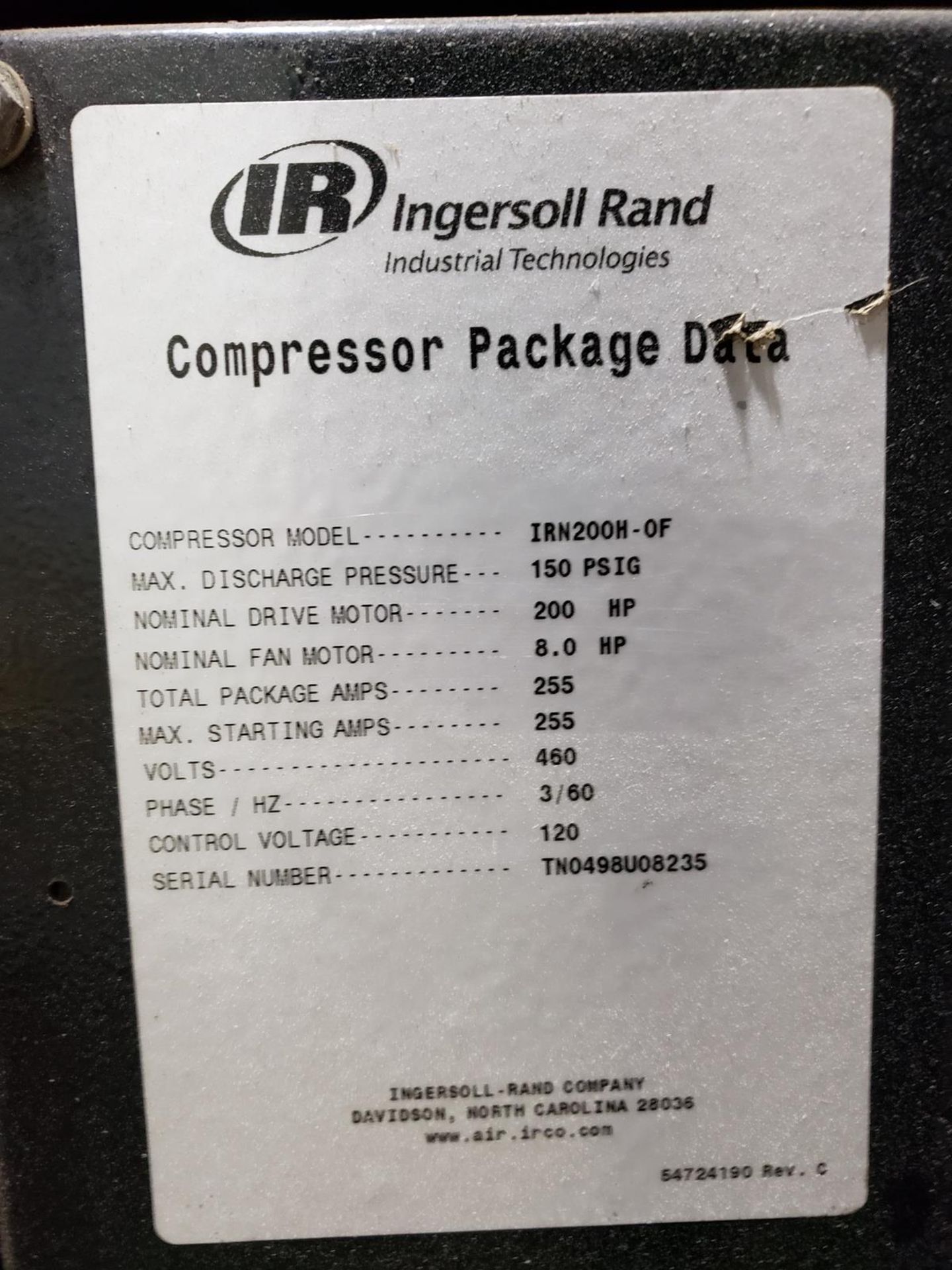 Ingersoll Rand 200 HP Rotary Screw Air Compressor, M# IRN200H-OF, S/N TN0498U08235, | Rig Fee $1100 - Image 3 of 3