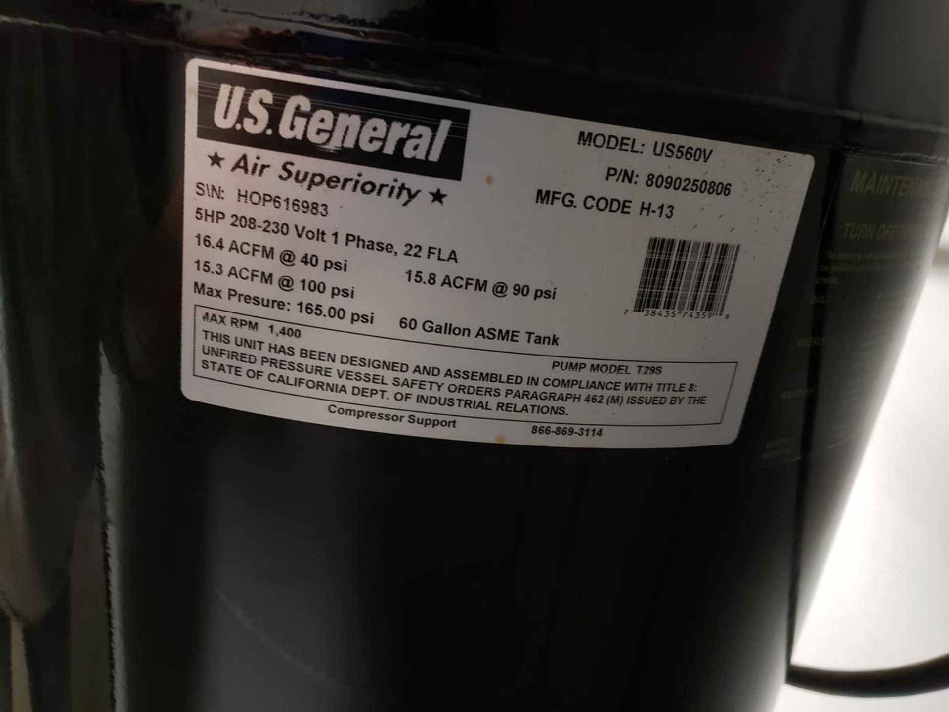 US GENERAL US560V AIR COMPRESSOR, 5 HP, 208-230V, S/N: HOP616983 | Reqd Rig Fee: $50 - Image 2 of 3