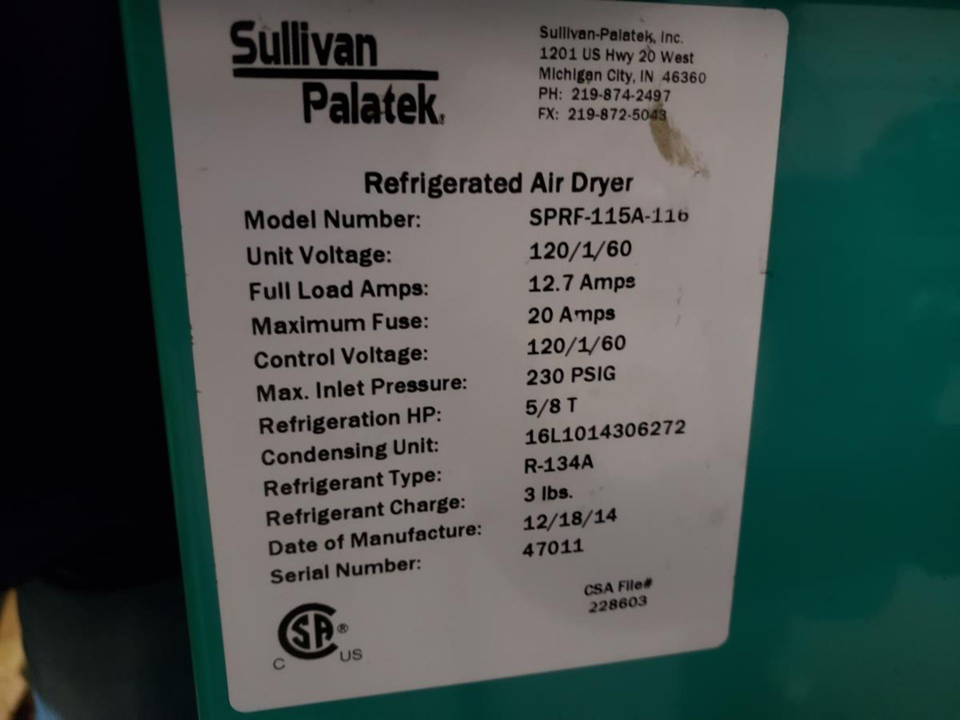 2014 SULLIVAN PALATEK AIR DRYER, MODEL SPRG-115A-116, S/N: 47011 | Reqd Rig Fee: $250 - Image 2 of 2