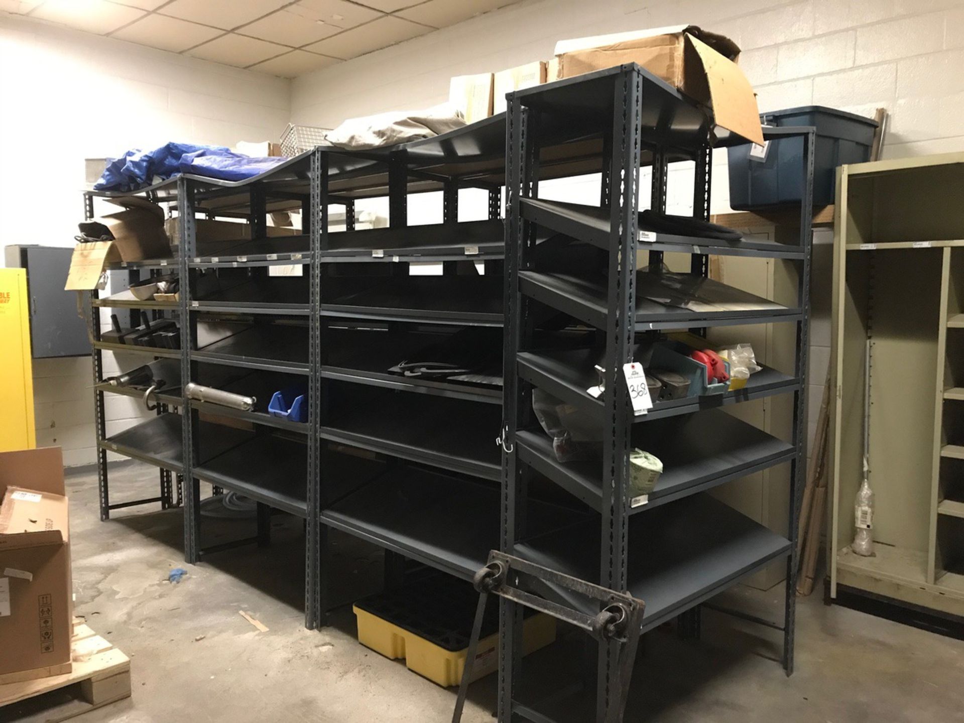 (3) METAL CABINETS WITH SAFETY SUPPLIES, CLEANING SUPPLIES, FOAMER, BROOM RACK, RUB | Rig Fee: $750