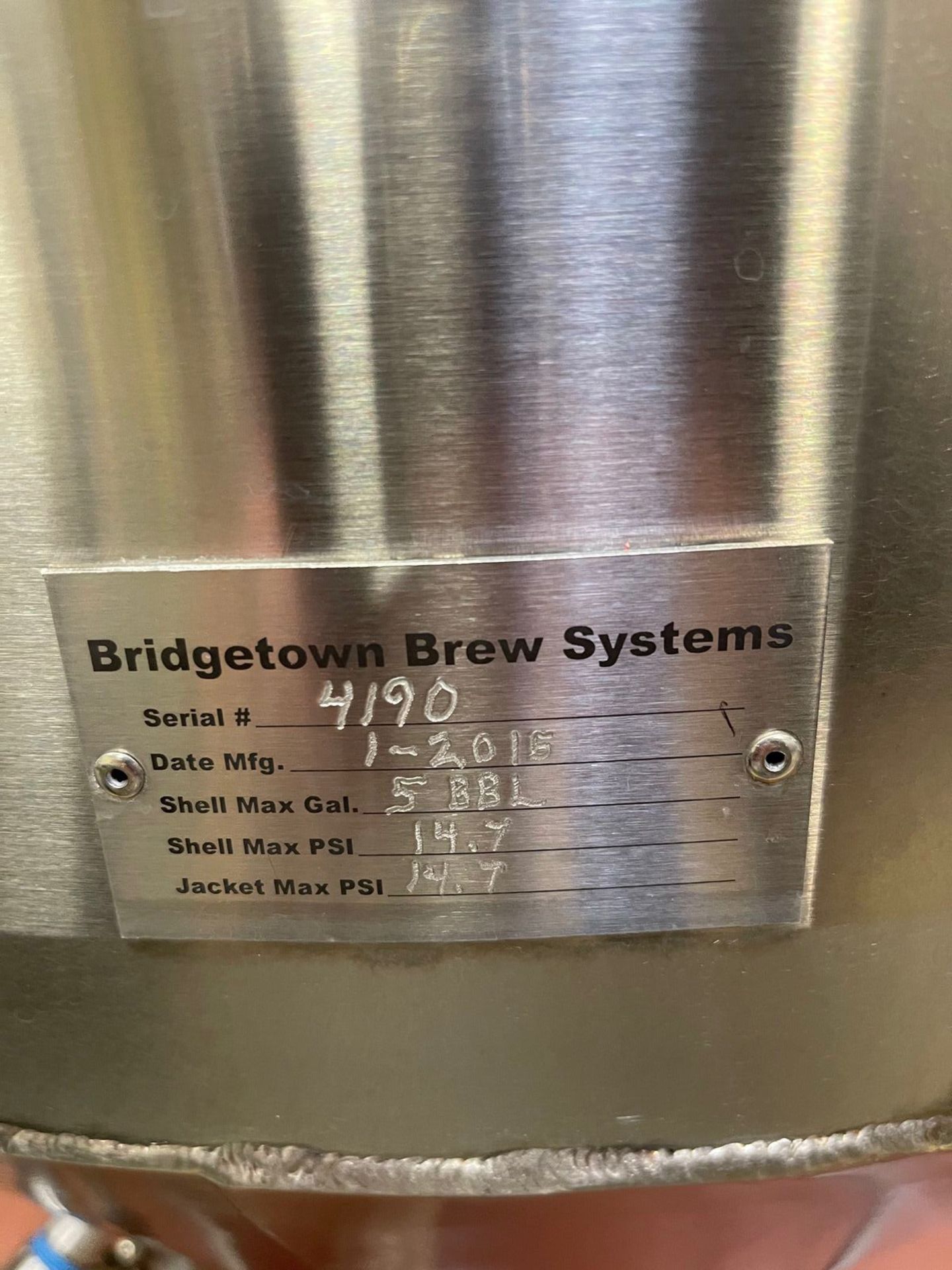 2015 BRIDGETOWN 5 BBL FERMENTER, JACKETED, S/N 4190, APPROX DIMS: 92" OAH X 46" | Rig Fee: 150 - Image 2 of 3