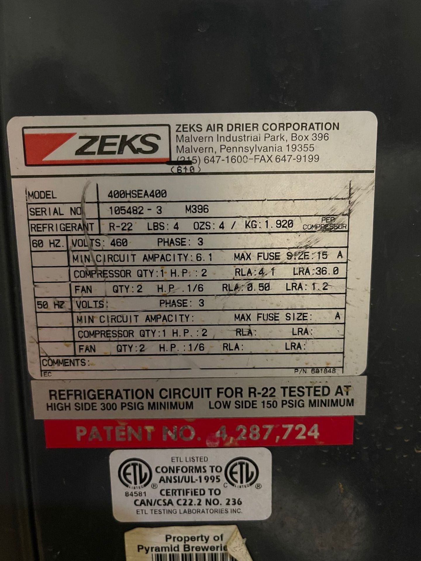 ZEKS HEAT SINK AIR DRYER, 3 PHASE, S/N 105482-3 M396 | Rig Fee: 300 - Image 2 of 2