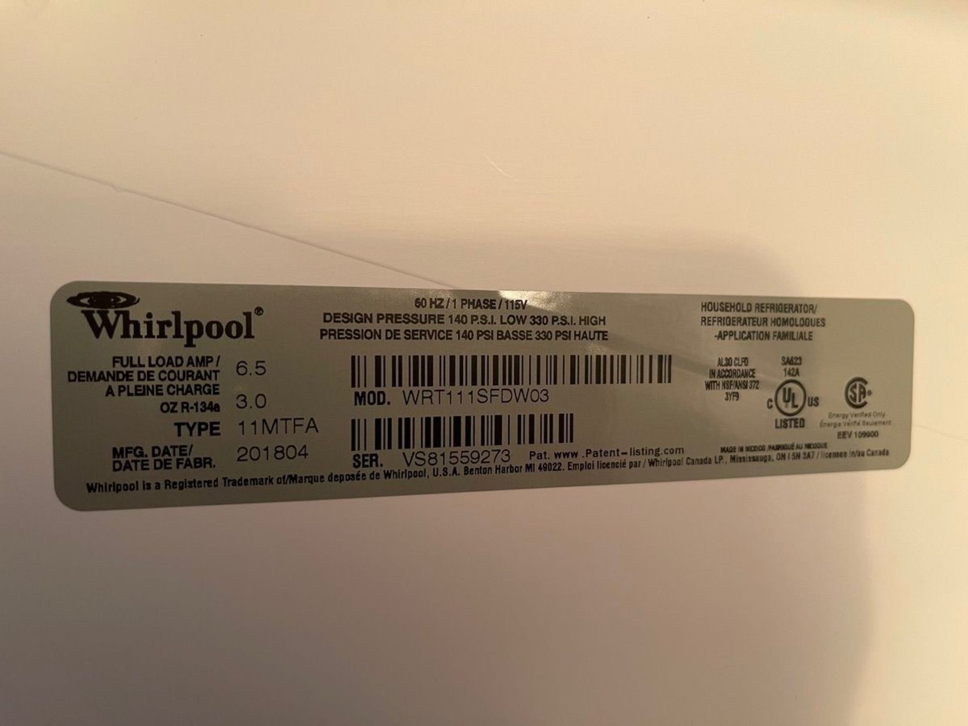 WHIRLPOOL FRIDGE/FREEZER, 2018, 24"X27"X62", S/N VS81559273 | Rig Fee: See Desc - Bild 3 aus 3