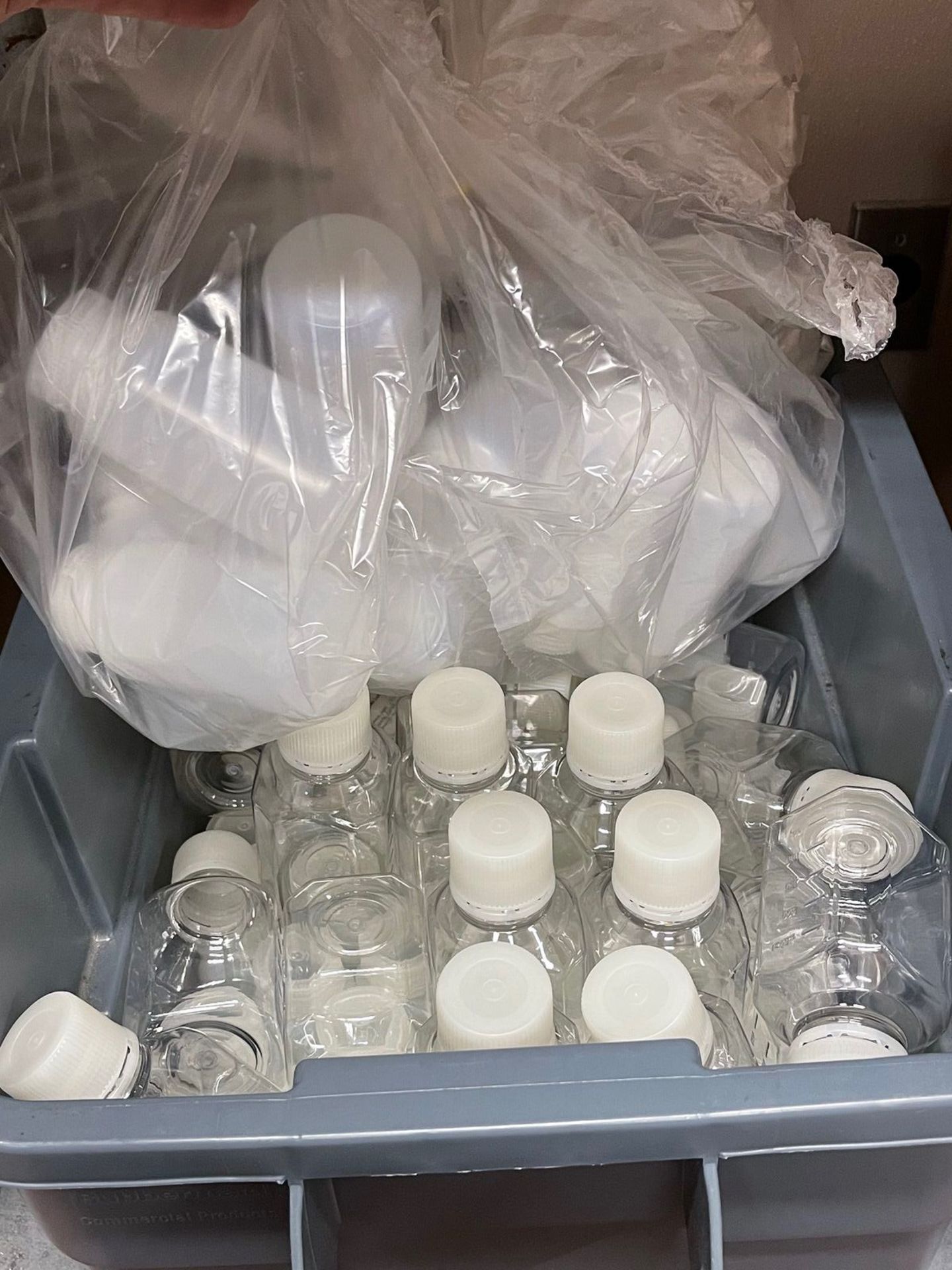 BIN OF GLASS AND PLASTIC SAMPLE BOTTLES | Rig Fee: 10