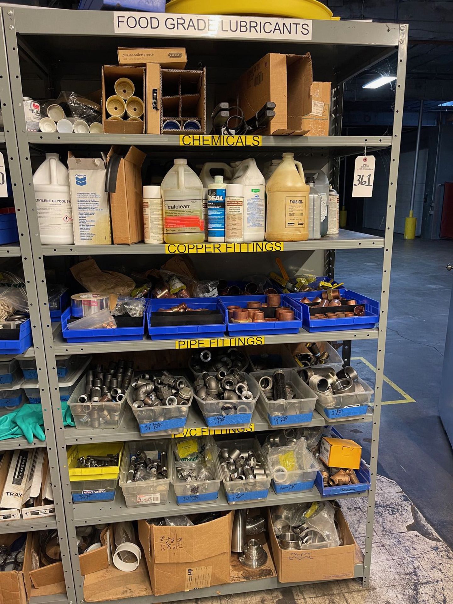 CONTENTS OF ENTIRE SHELVING UNIT LABELED FOOD GRADE LUBRICANTS | Rig Fee: 50