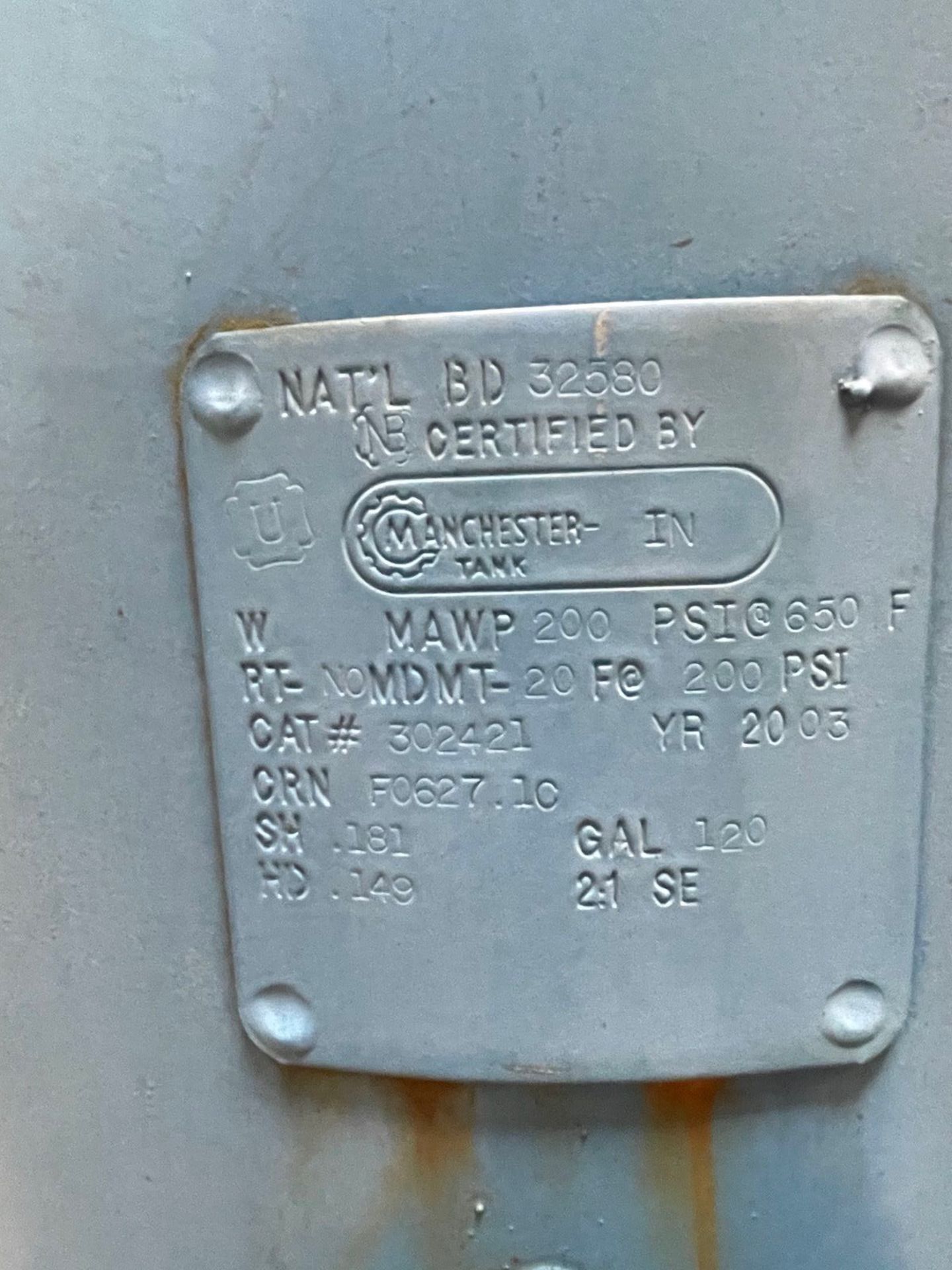 120 GALLON MANCHESTER COMPRESSED AIR TANK, 200 PSI, 2003, S/N 32580 | Rig Fee: 200 - Image 2 of 3