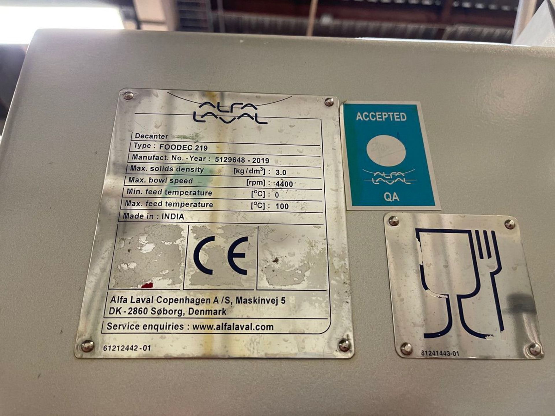 2019 ALFA LAVAL FOODEC 219 DECANTER CENTRIFUGE, 4400 RPM, IWS FLOW CONTROL PANEL | Rig Fee: 950 - Image 6 of 22