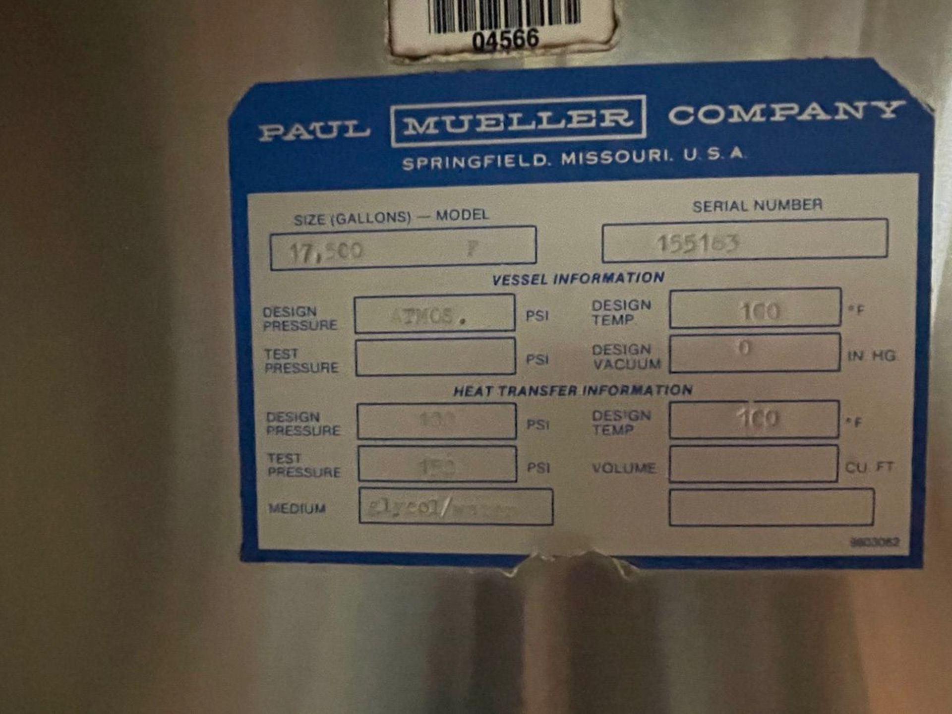 MUELLER 565 BBL FERMENTER (17,500 GALLON JACKETED TANK), 100 PSI DESIGN PRESSURE | Rig Fee: 6000 - Image 2 of 7