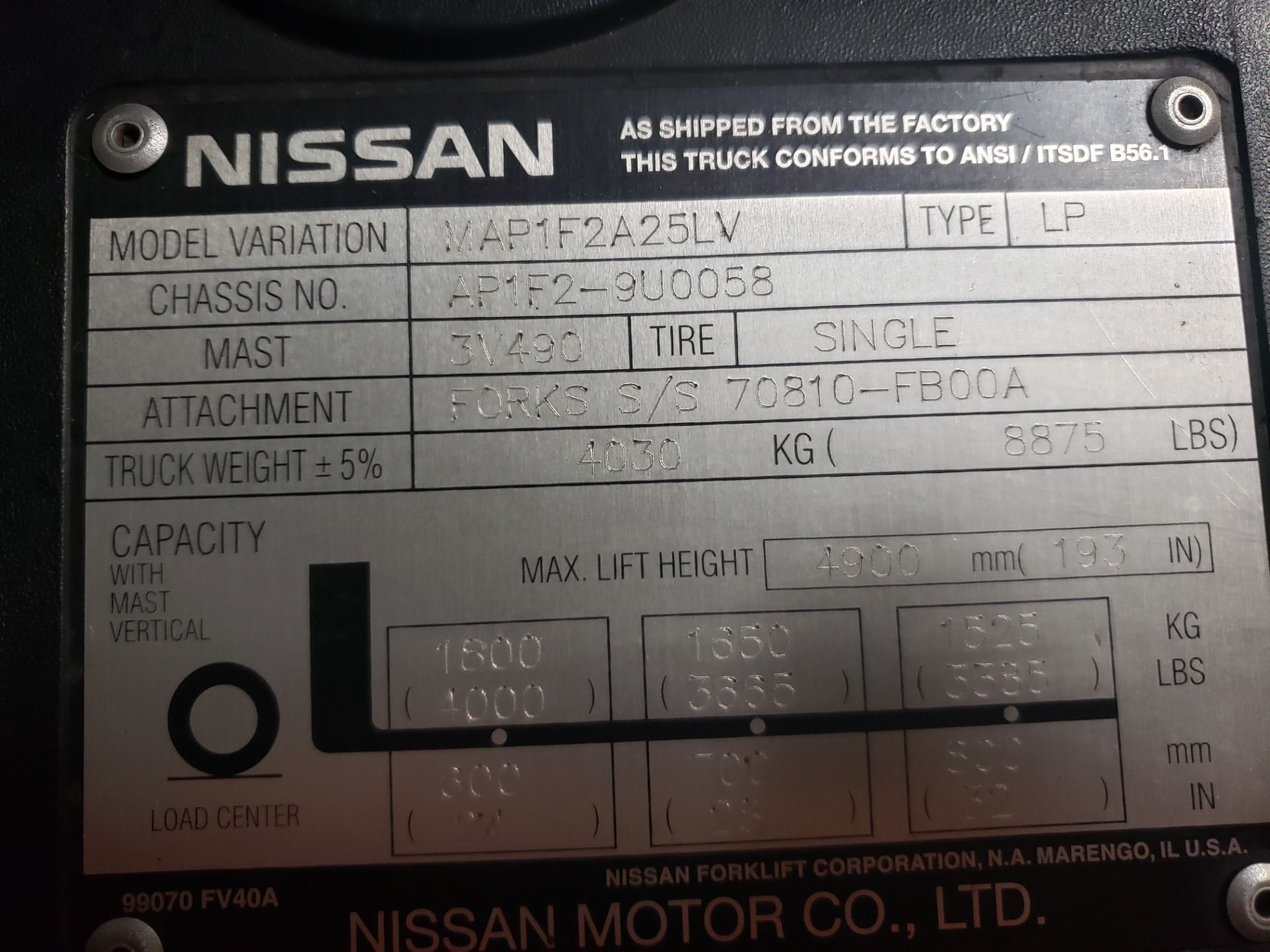 Nissan 4,000 lb. LP Forklift (No Fuel Tank), M# MAP1F2A25LV, S/N AP1F2-9U0058, 7 | Rig Fee: $50 - Image 2 of 3