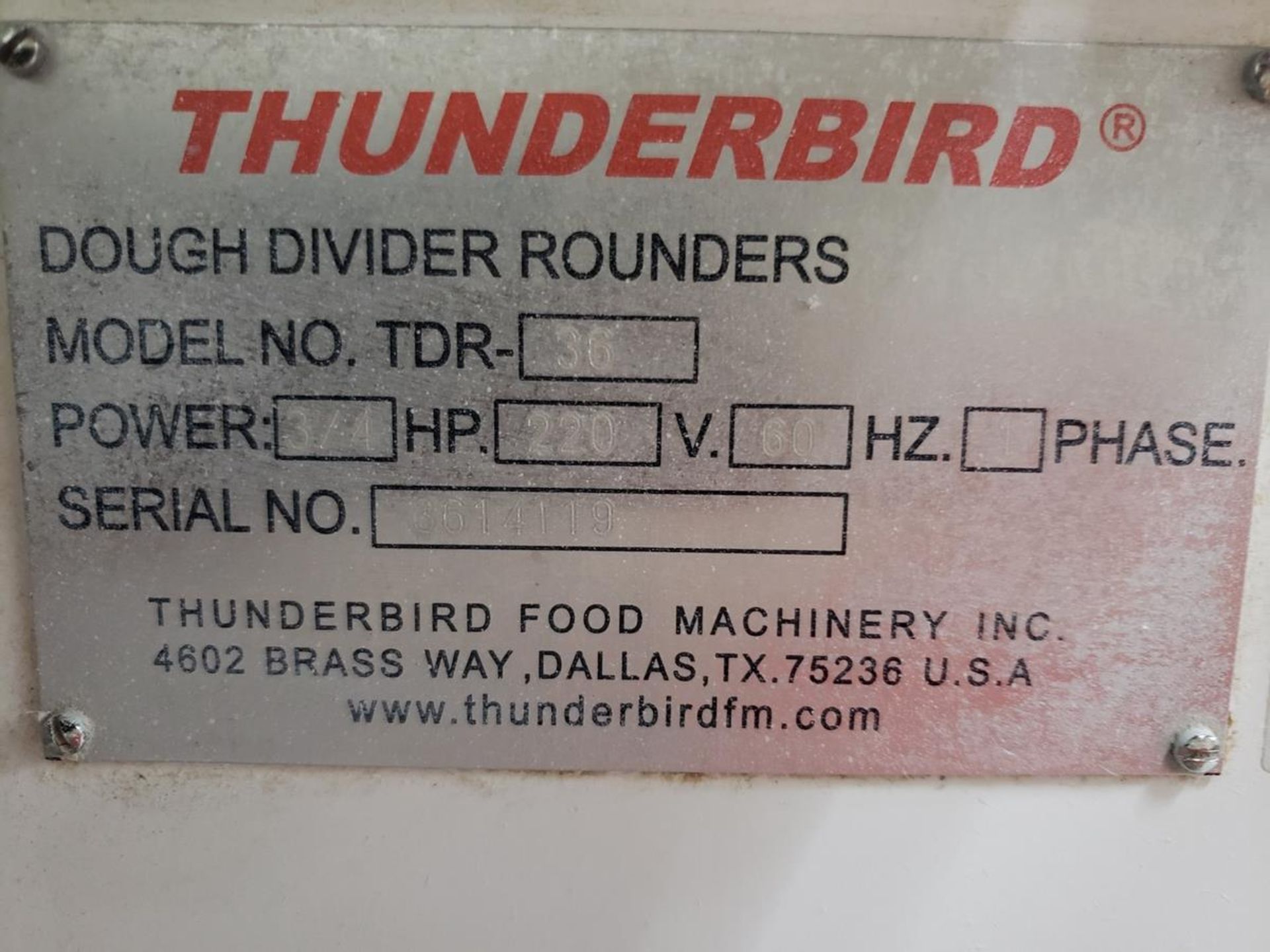 Thunderbird Dough Divider/Rounder, M# 36, S/N 3614119 | Rig Fee: $125 - Image 2 of 3