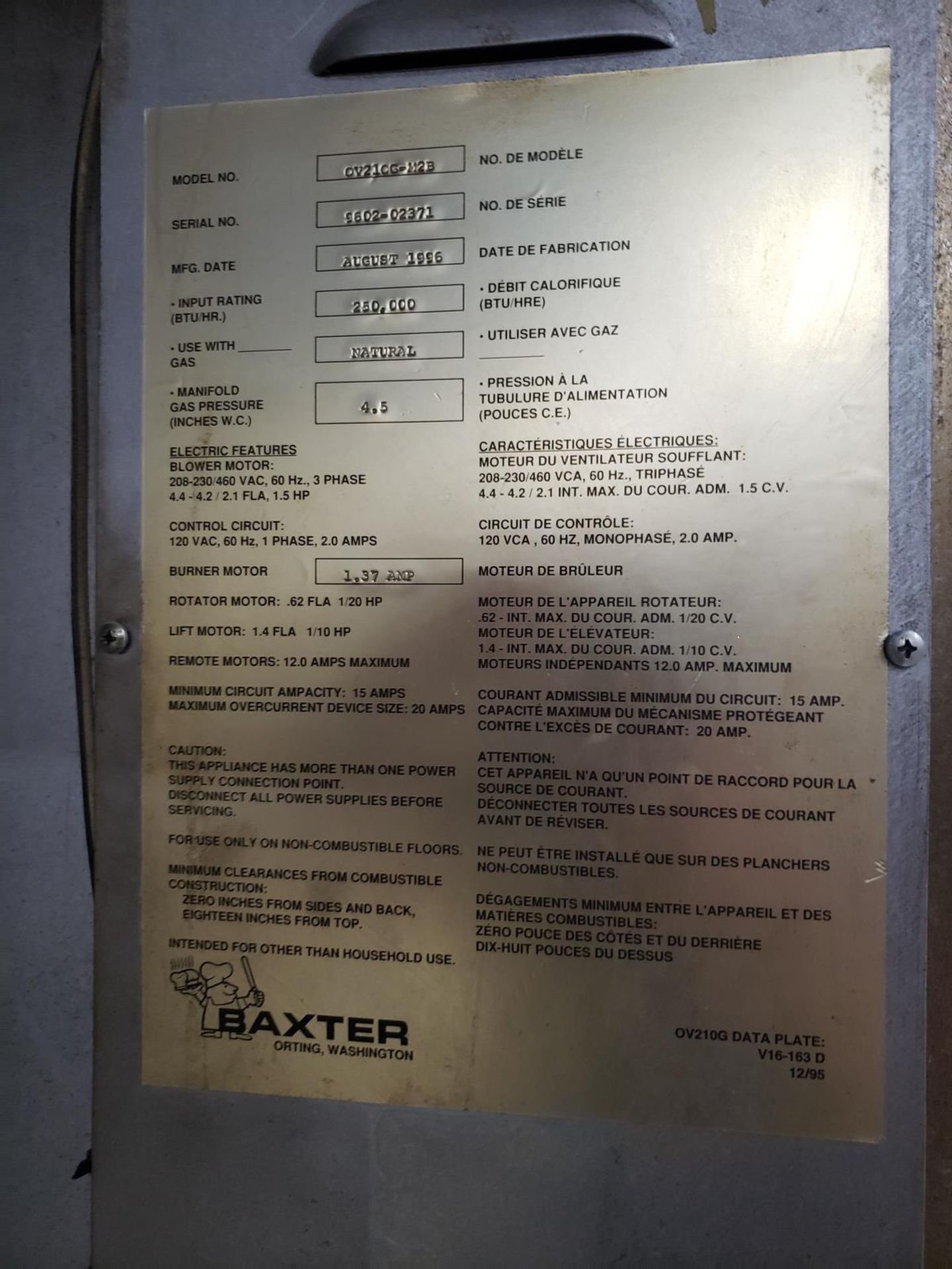 Baxter Revolving Rack Oven, M# OV21OG-M2B, S/N 9602-02371 | Rig Fee: $2000 - Image 2 of 4