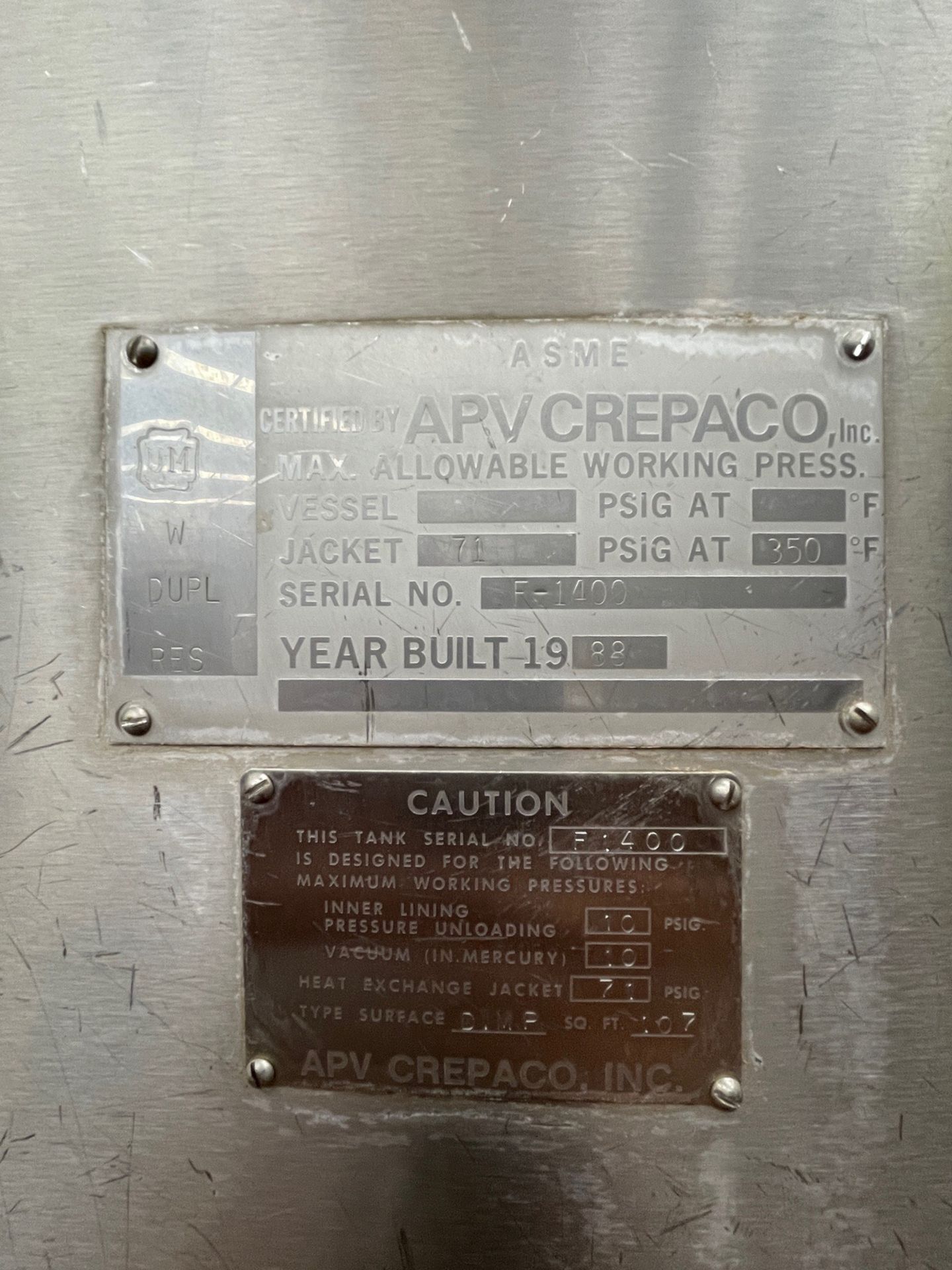 1,500 Gallon APV Crepaco Scrape Surface Cone Bottom Jacketed Processor, 70 PSI Jacket Rig Fee $1250 - Image 2 of 8