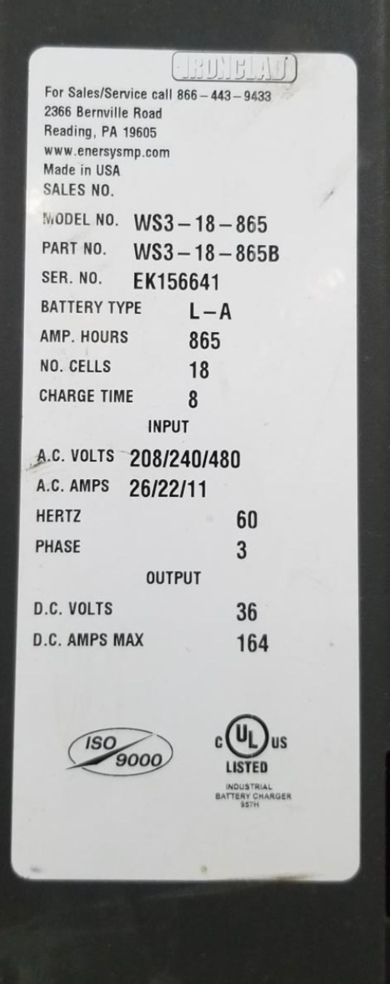 (5) Enersys Workhog Forklift Battery Chargers, 36V / 164 Amps Max, Model WS3-18-865 - Image 4 of 10