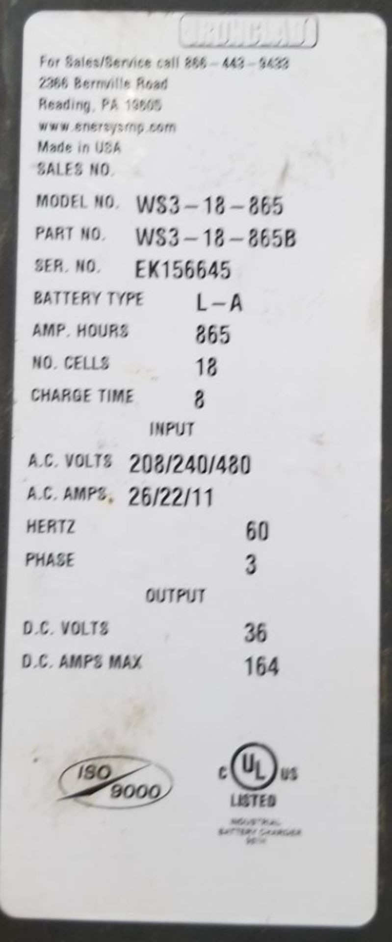 (5) Enersys Workhog Forklift Battery Chargers, 36V / 164 Amps Max, Model WS3-18-865 - Image 2 of 10