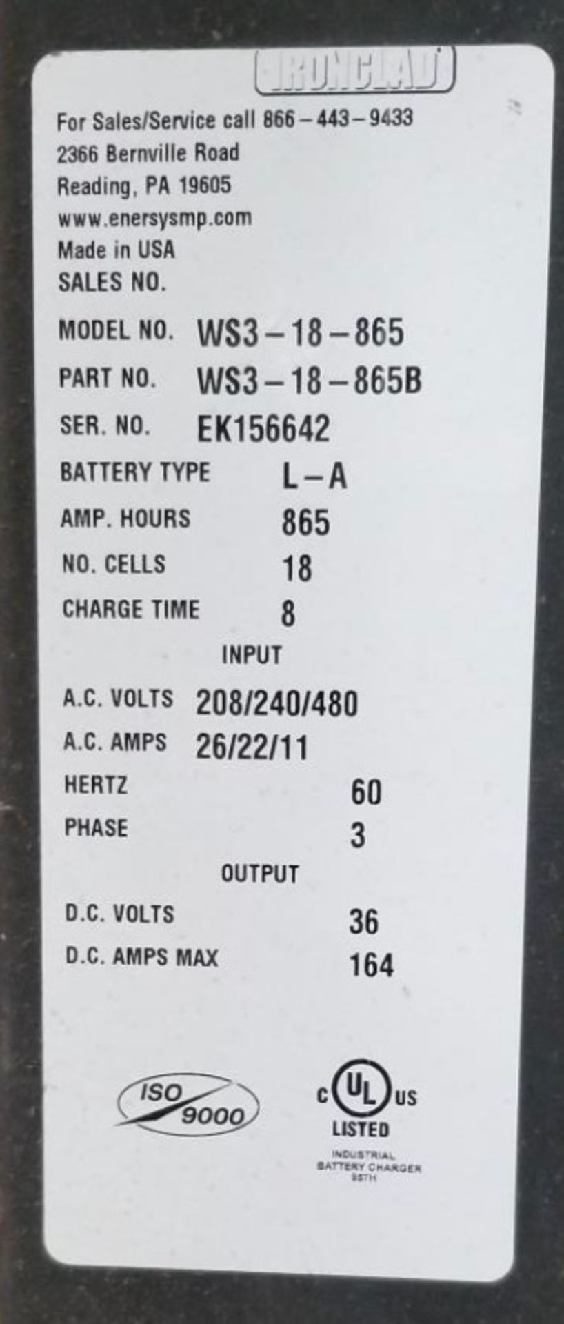 (5) Enersys Workhog Forklift Battery Chargers, 36V / 164 Amps Max, Model WS3-18-865 - Image 6 of 10