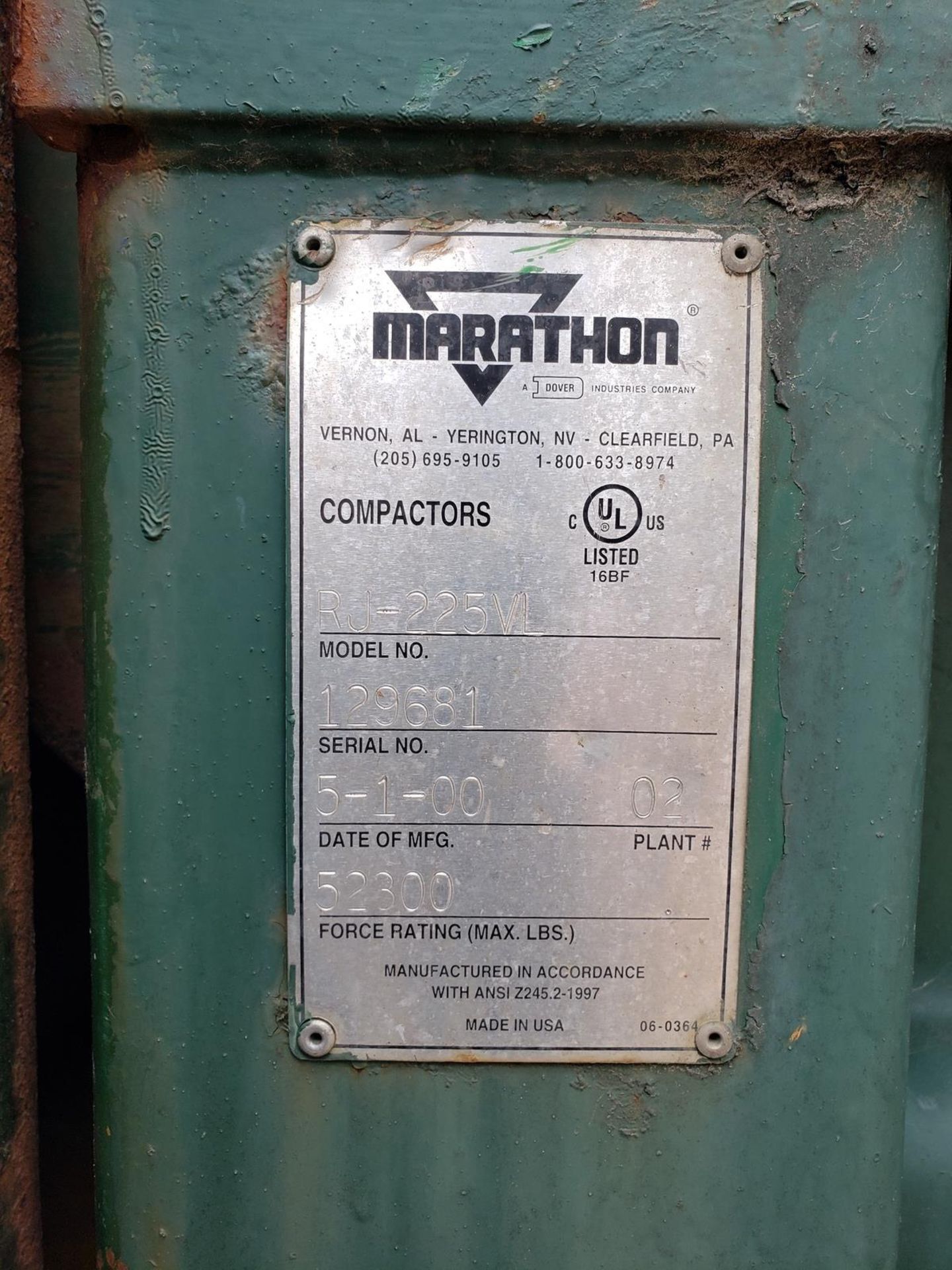 Marathon Waste Compactor, M# Ram Jet RJ-225-VL, S/N 129681, Onboard Hydraulics, | Rig Fee: $1800 - Image 2 of 3