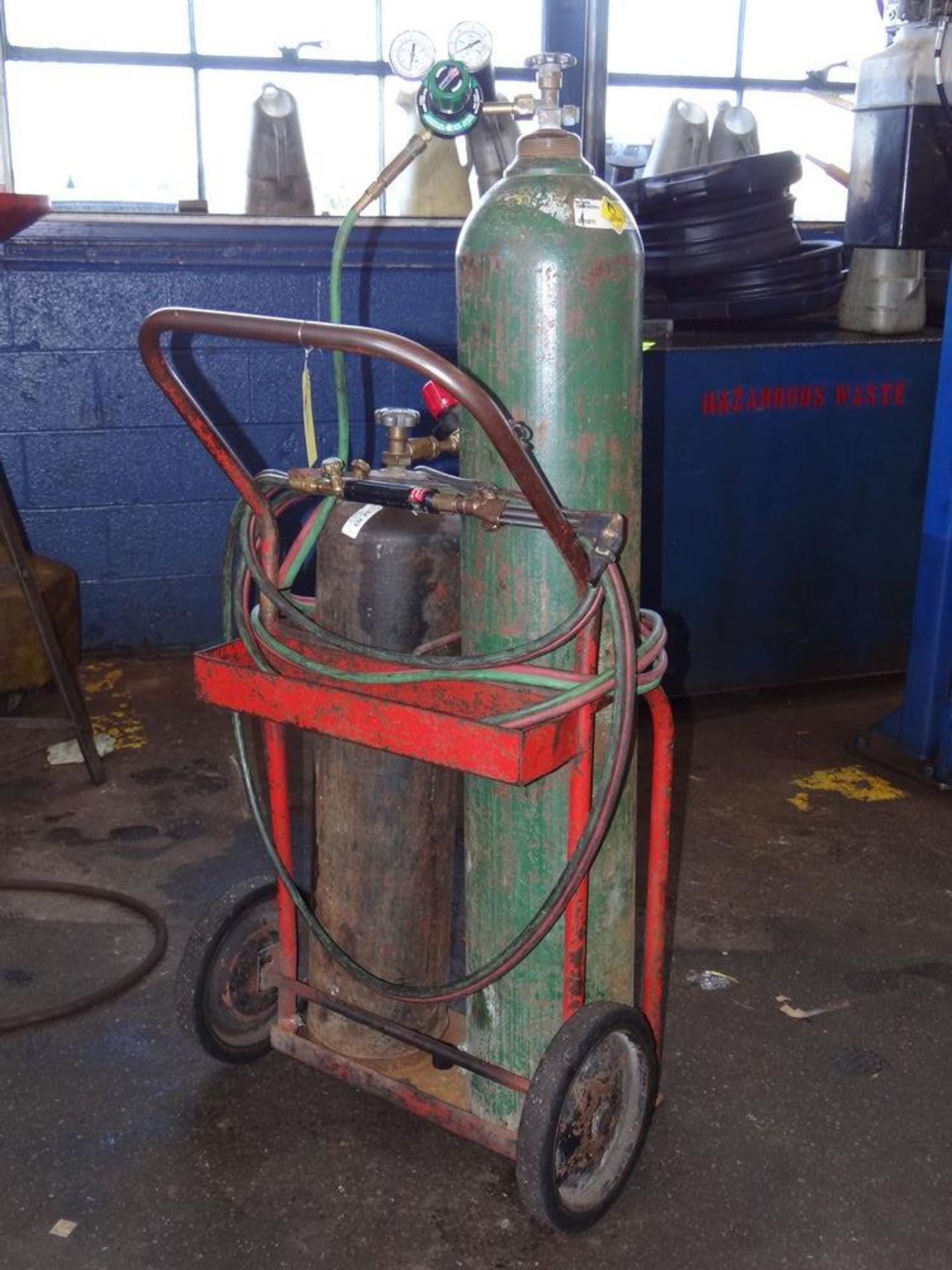 (1) Welding Tank Rolling Cart with Gages and Torch. No Tanks.