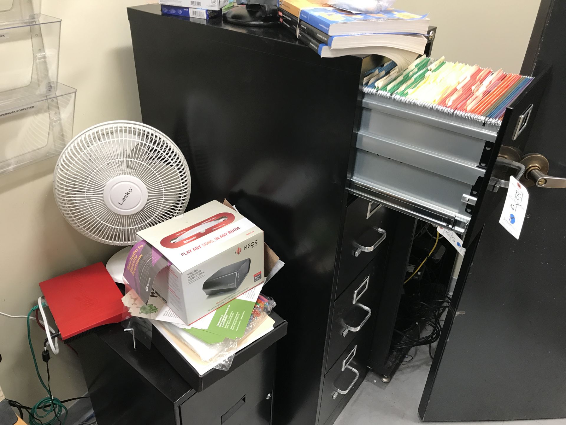 [Lot] Balance in Office C/O: File Cab, Desk, Shelving, Chair (2) Printers Office Supplies, etc.. (No