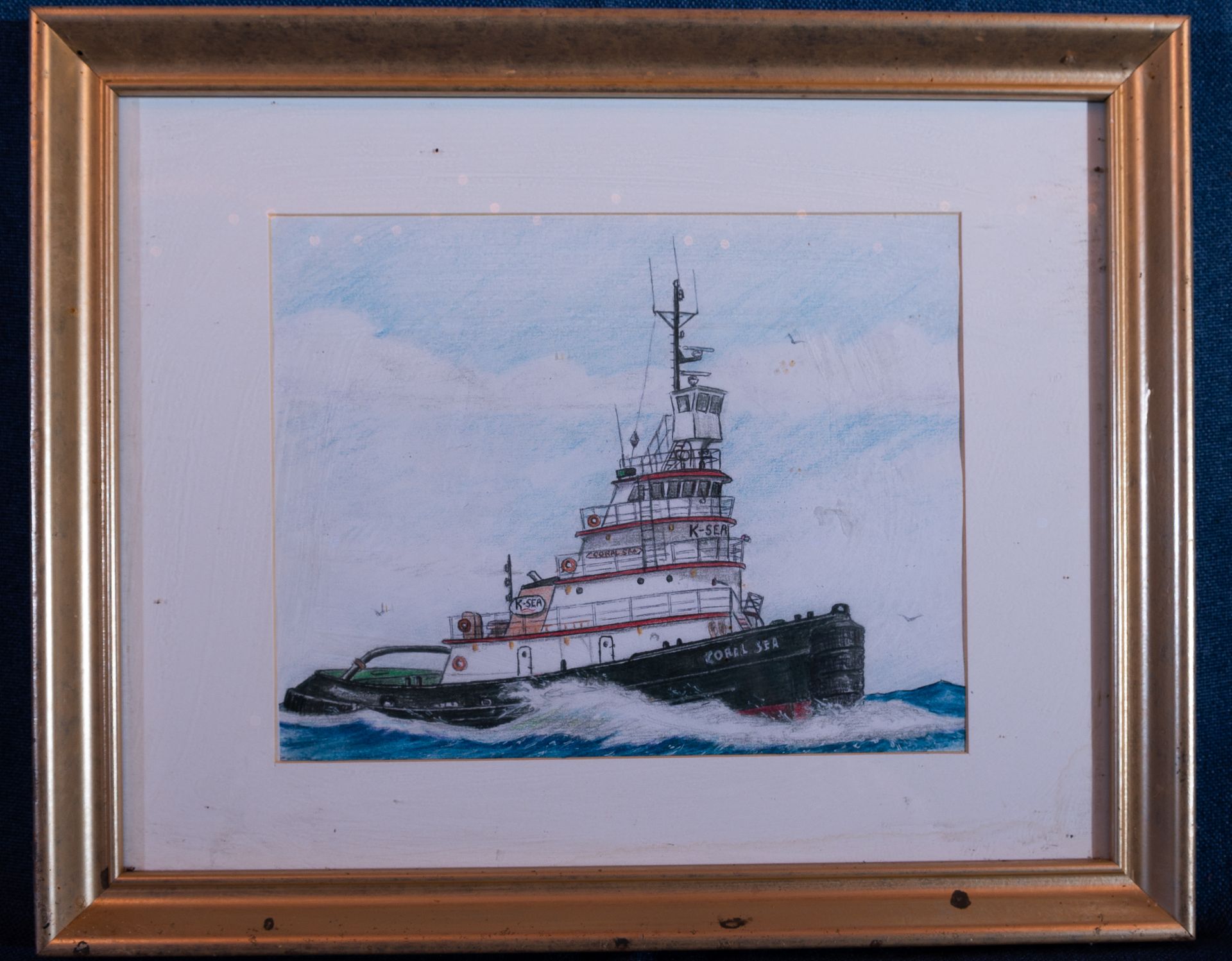 Framed Tug Boat Drawing 14"x13"