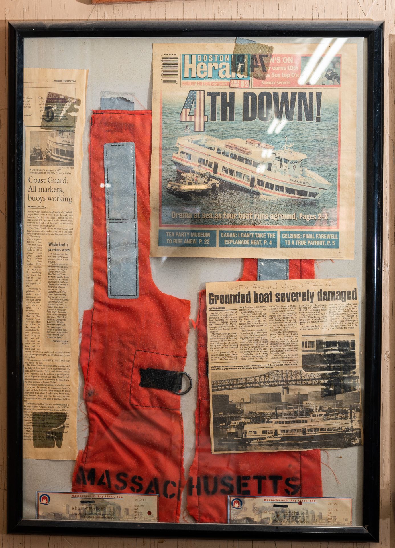 Boston Herald July 2010 Tour Boat Rescue News Article Ticket and Life Vest Framed 20"X28"