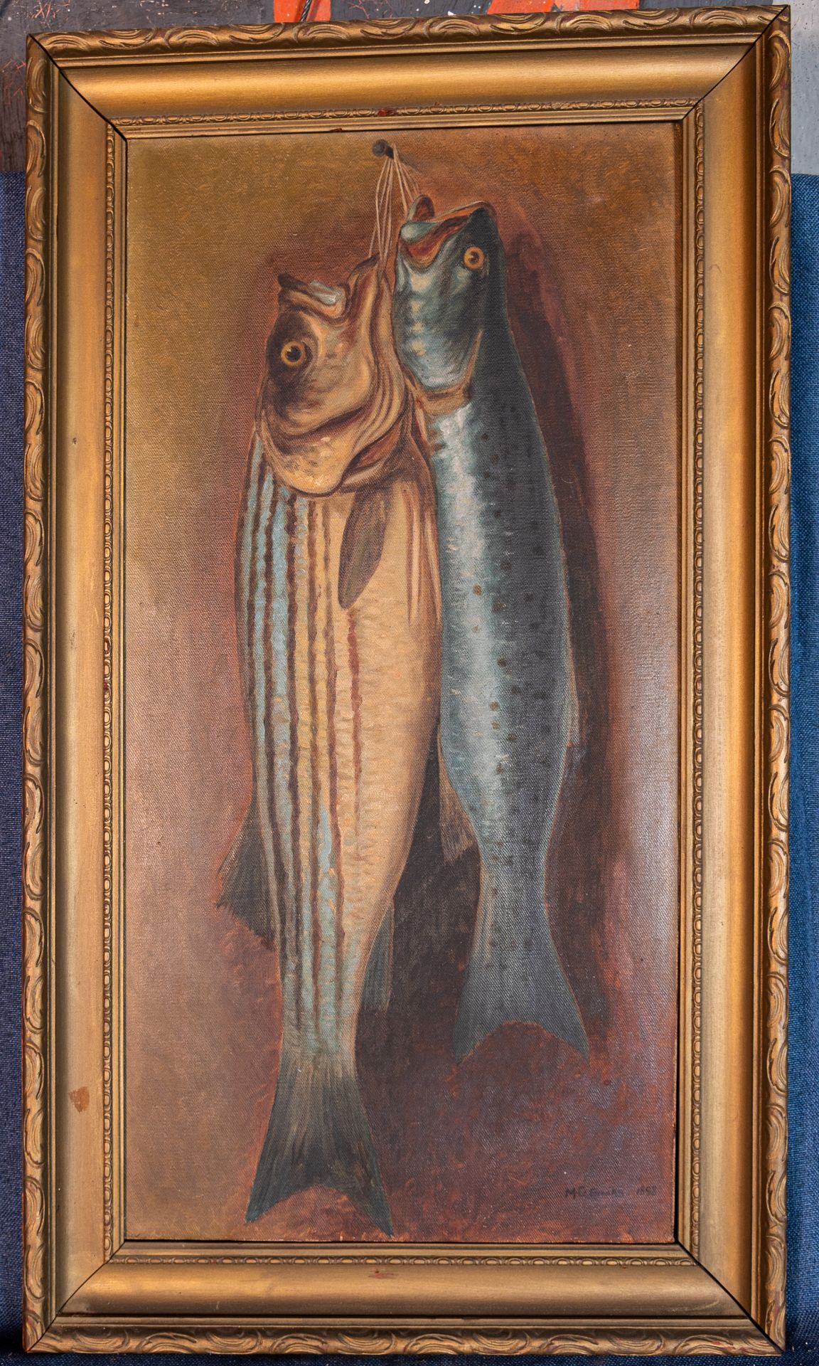Wood Framed Fish Painting Signed MC Brooks and Dated 1893 16"x28"