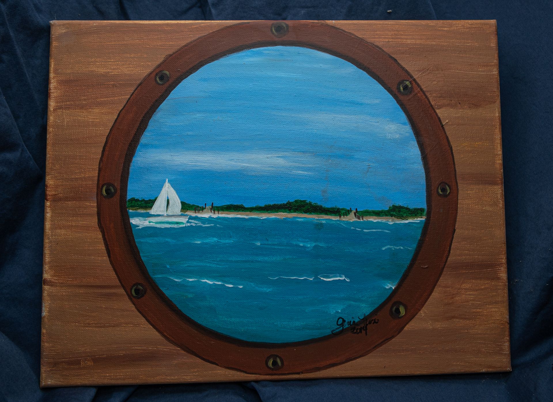 Canvas Painting Sail Boat Through a Port Hole 14"x11"
