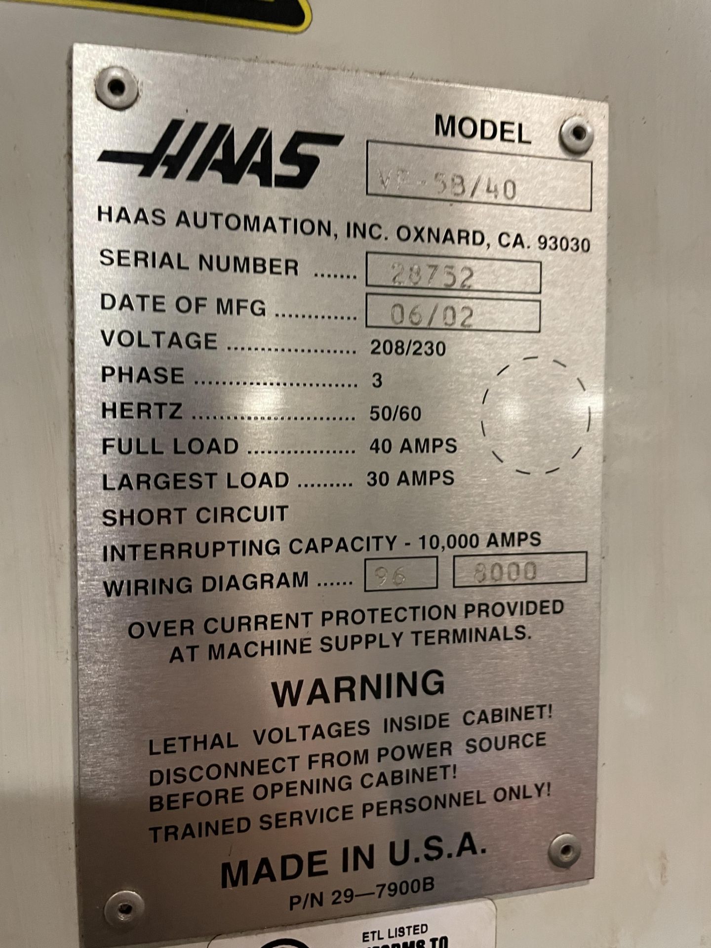 2002 Haas Model VF5B/40, 20 HP, CNC VMC #VOP-D, 52"x23" Table, 24 Tool Holder, 4th Axis, SEE DESC. - Image 5 of 5