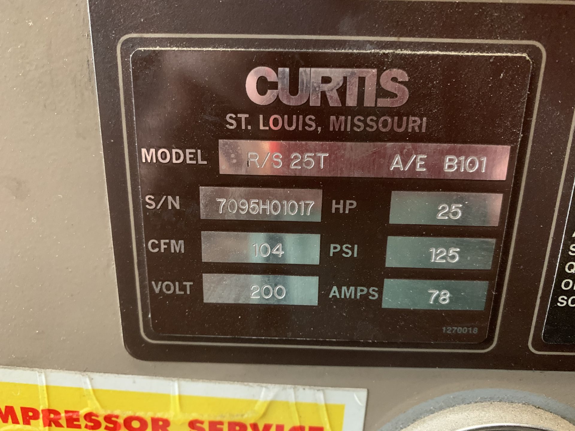 Curtis 25 HP #RS25T Screw Air Compressor, 104CFM, 200 V, 125 PSI, 78 Amp, Hrs: 35,235, S/N: - Image 3 of 4