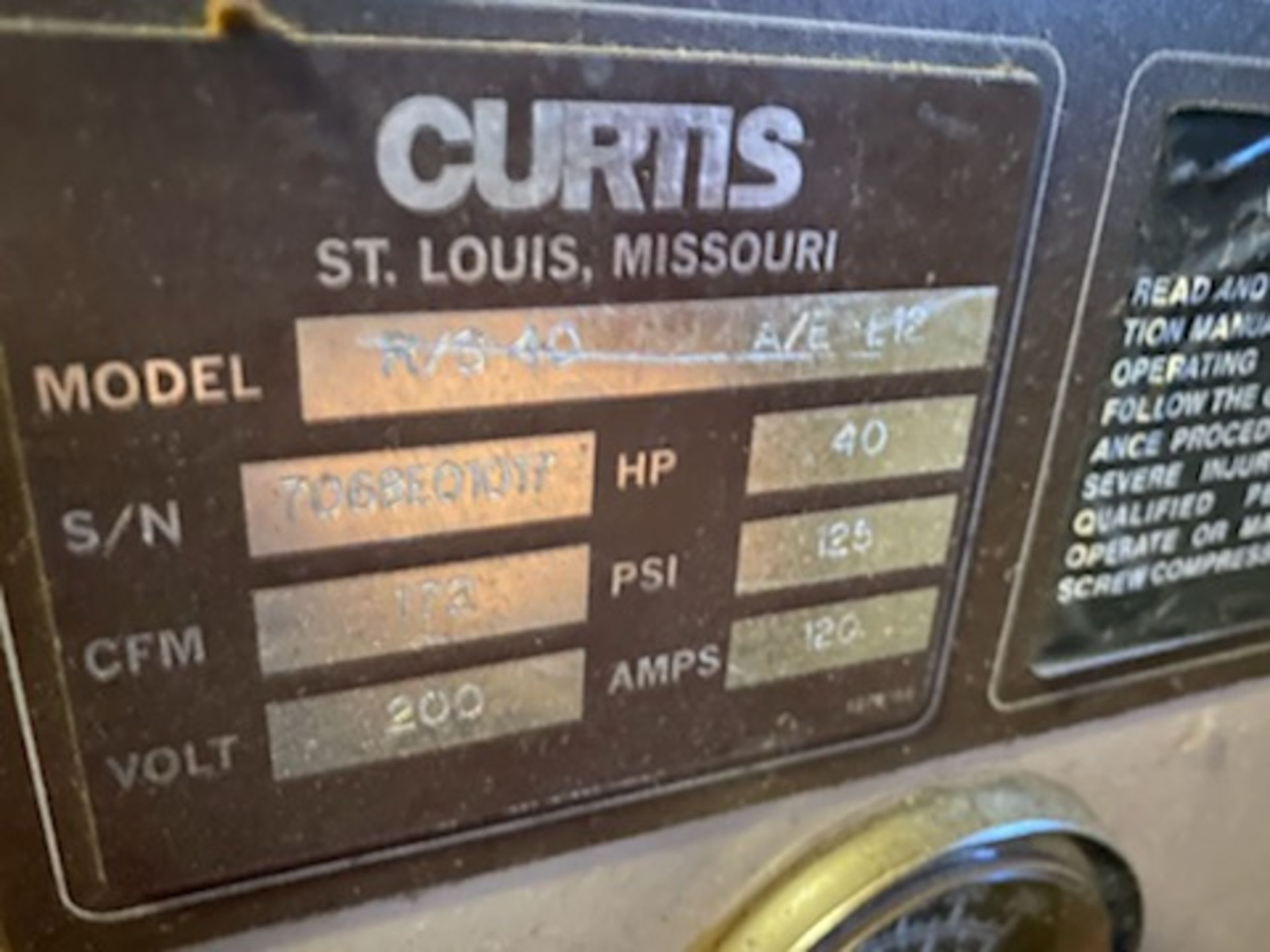 Curtis 40 HP Rotary Screw Air Compressor #R/S40 A/E 12, 172 CFM, 125Psi, 200 Volt, 120 Amp, 3 - Image 3 of 3