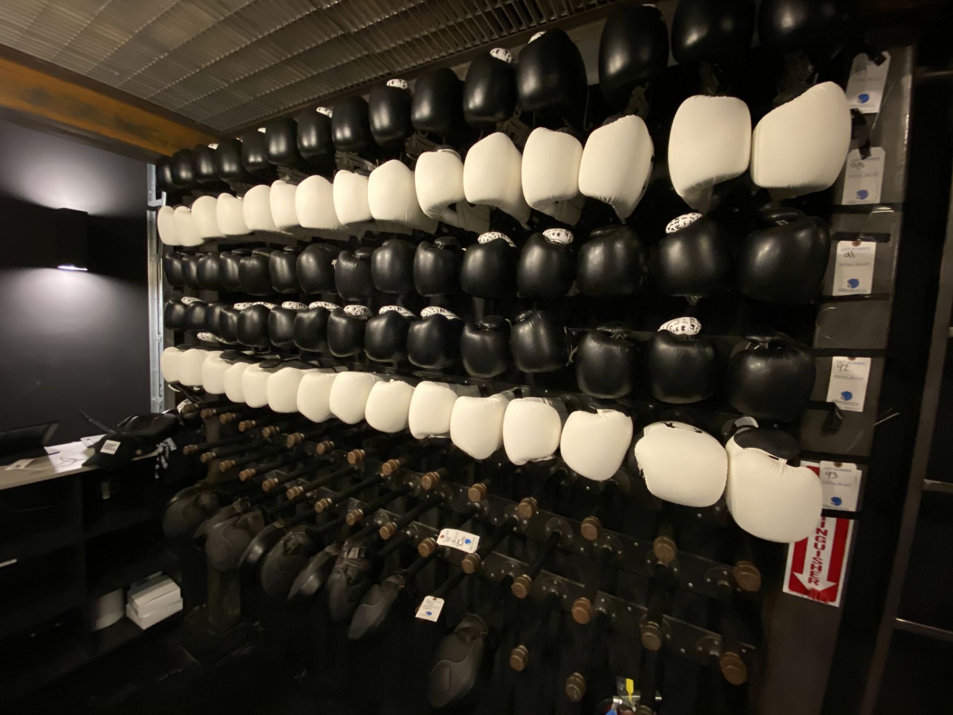 {LOT} 7 Pairs (+1 Single) of EVF Custom Black Boxing Gloves on Top Row of Shelving (NO RACKING)