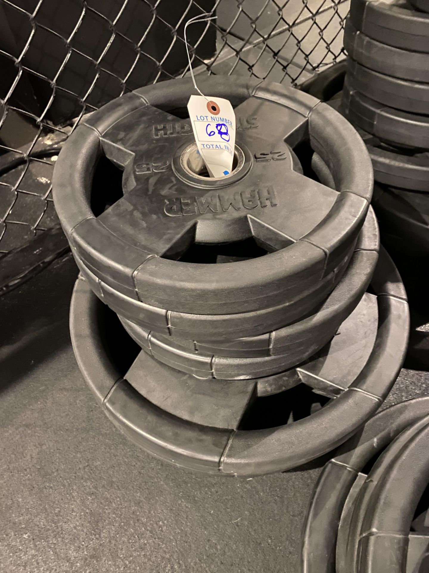 {LOT} Set of Hammer Strength Rubber Coated Weight Plates (280 Lbs. Total) c/o: (4) 45 Lb. Plates, (