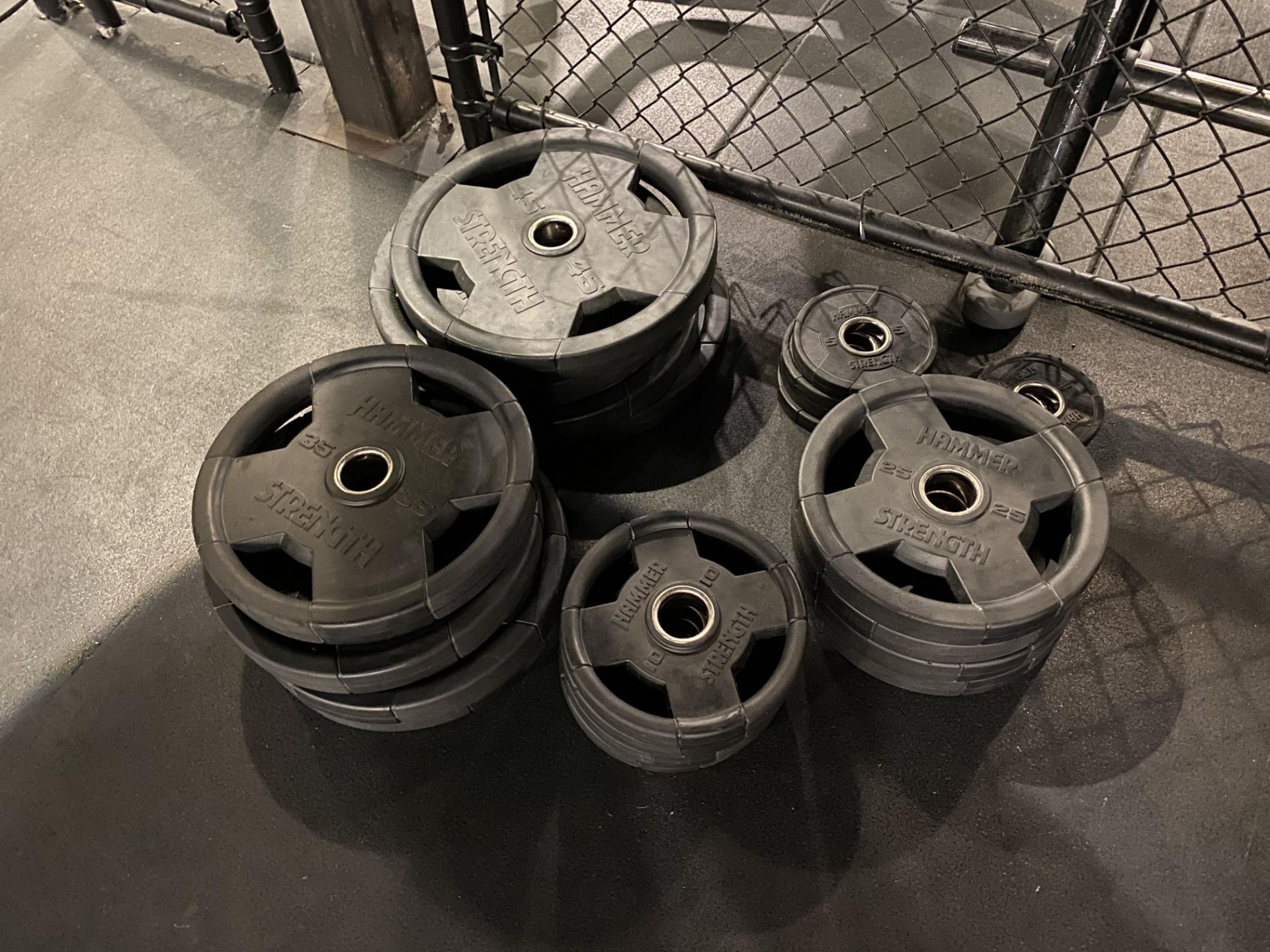 {LOT} Set of Hammer Strength Rubber Coated Weight Plates (485 Lbs. Total) c/o: (4) 45 Lb.