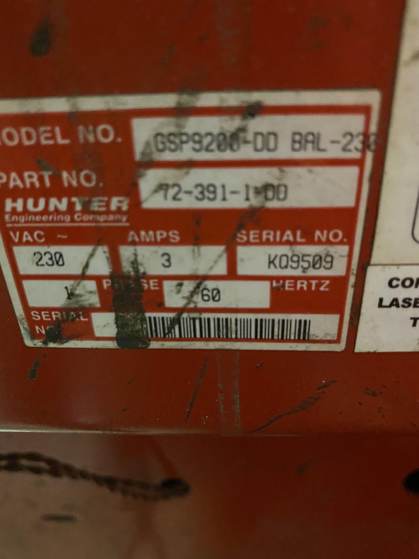 Hunter Model GSP9200 Tire Balance Machine. SIN: 72-341-144. 1 Phase w/ Weight - Image 2 of 2