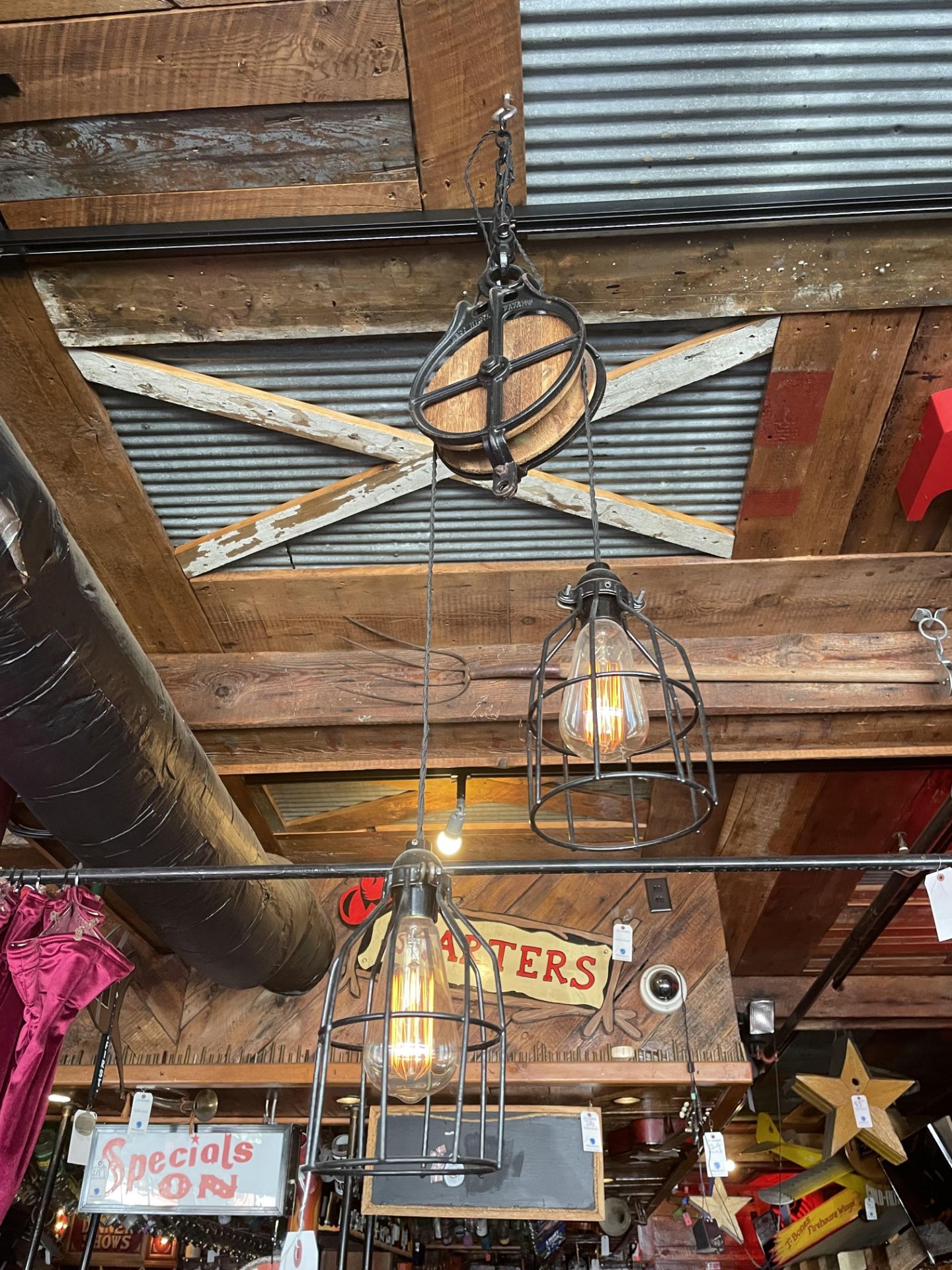 (2) 2 Bulb Pulley Design Hanging Pendant Lights w/Edison Bulbs