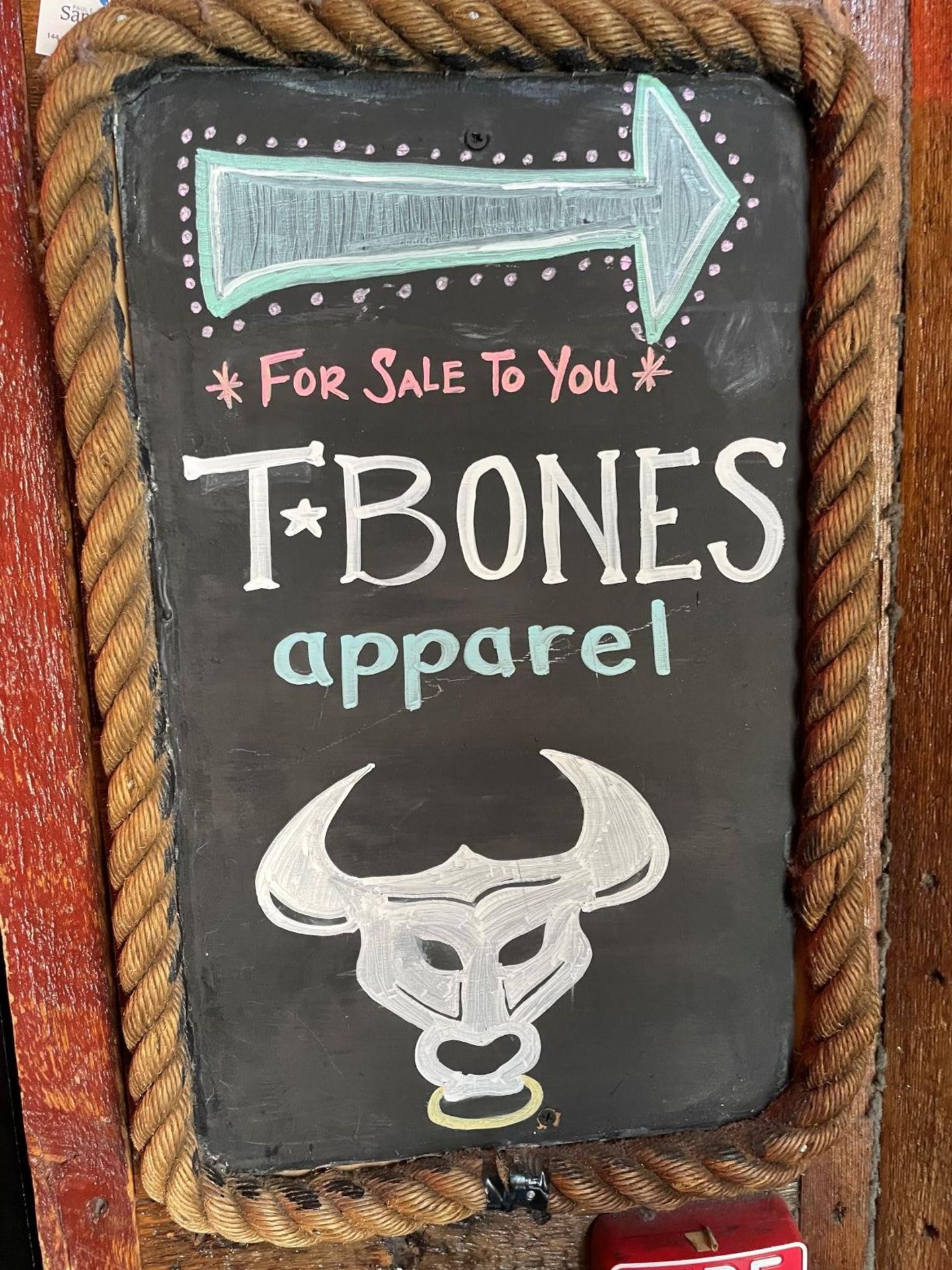 Wood Base Rope Border Sign "T BONES Apparel" 13"W x 21"H