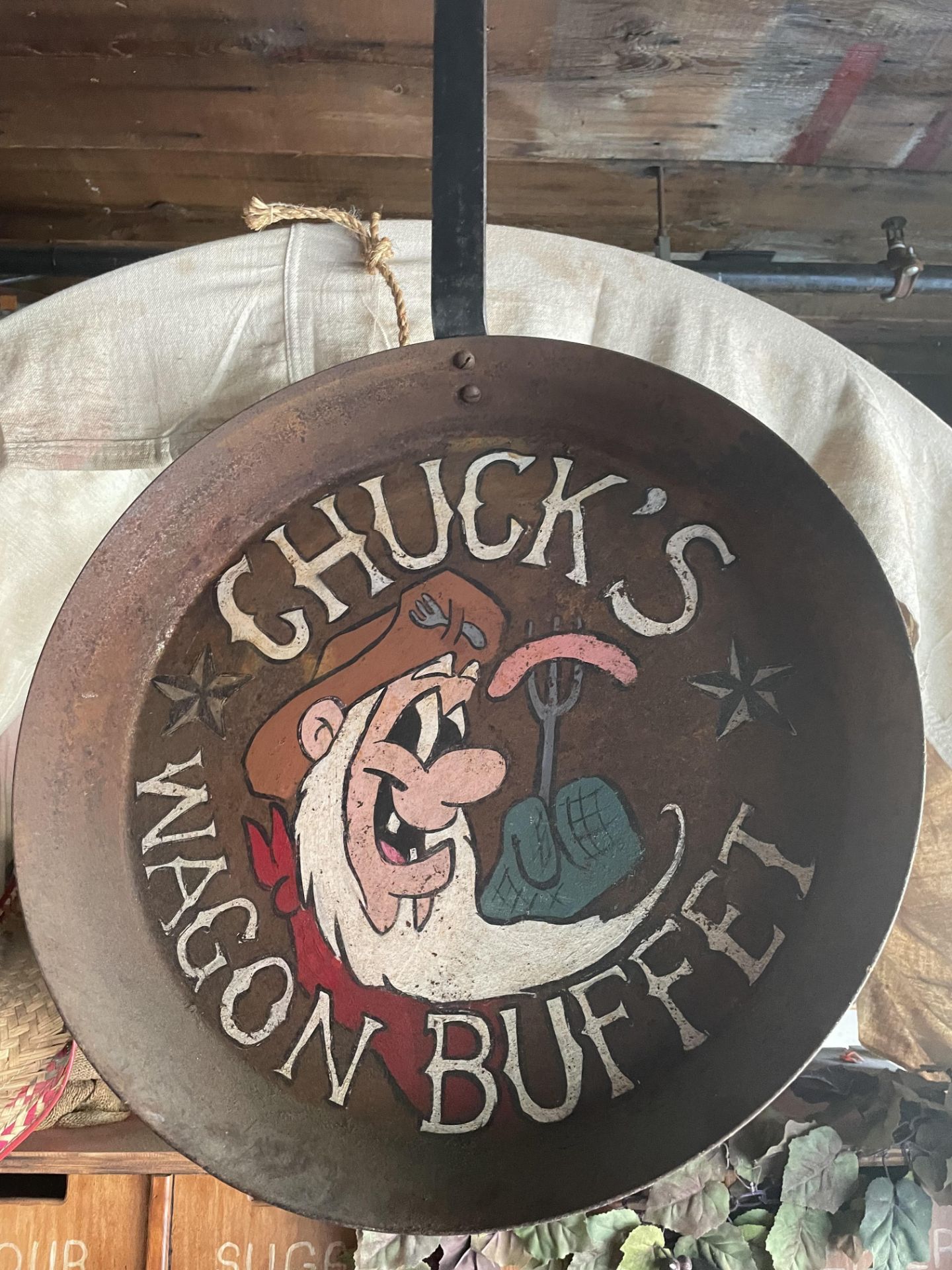 Metal Décor Pan w/Long Handle "Chucks Wagon Buffet" (NOT CAST IRON)