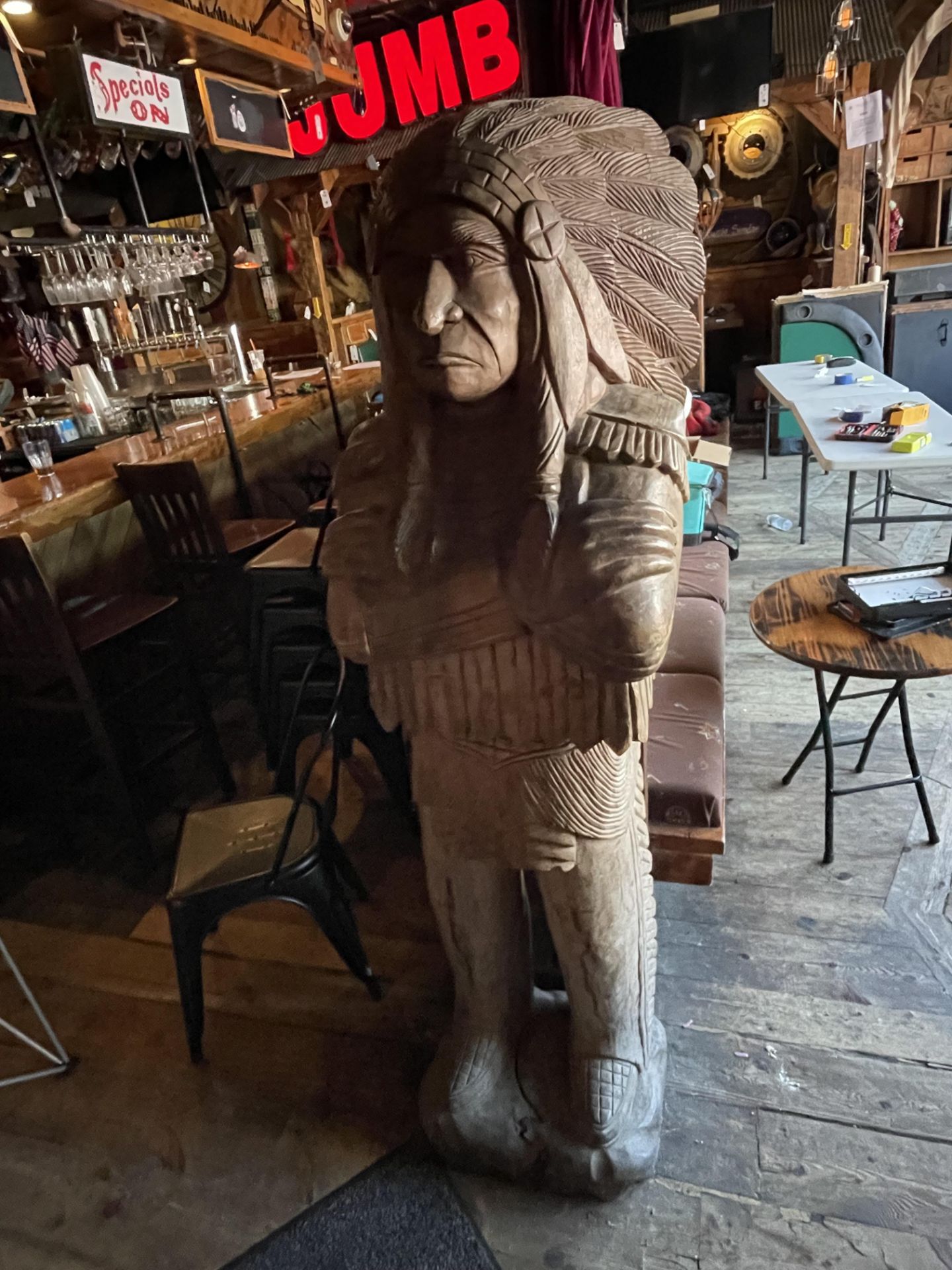 Wood Carved Indigenous Person Sculpture 22"W x 70"H