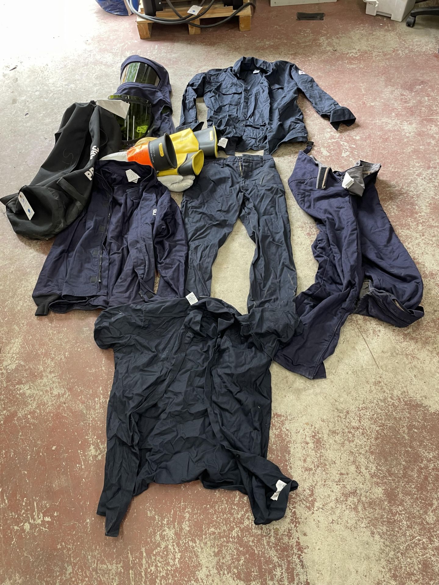 Arc Flash Gear C/O: (2) Gloves, Helmet,(2) Pants,(2) Jackets, and (1) Shirt , Color Navy and Size