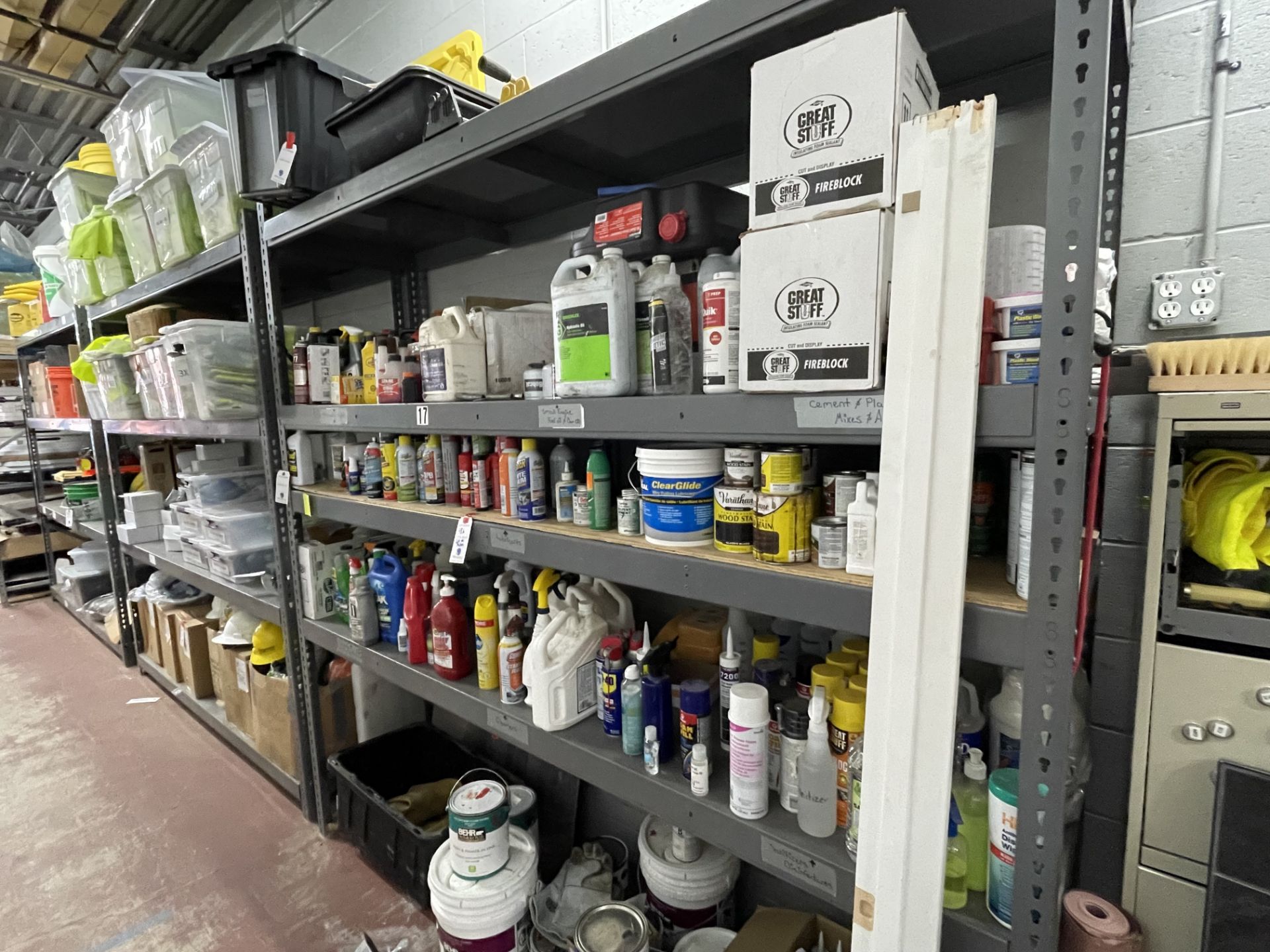 (Lot) on Shelving C/O: Greases, Antifreeze, Oil Paint, Foam Fill etc. Must take all