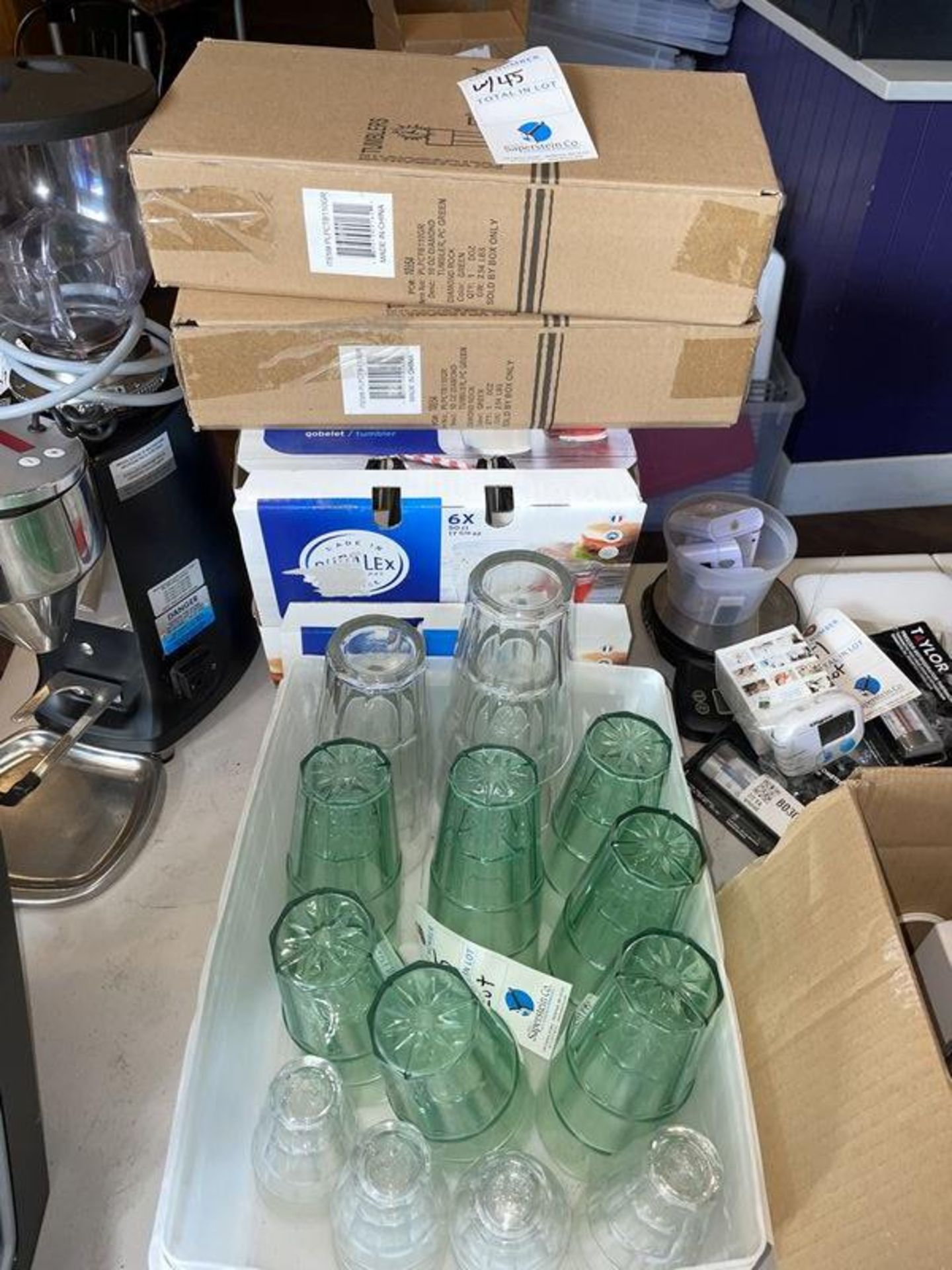 (Lot) Glass & Green Plastic Cups, Goblets Etc. (All items sold for removal by Friday November 12, 20