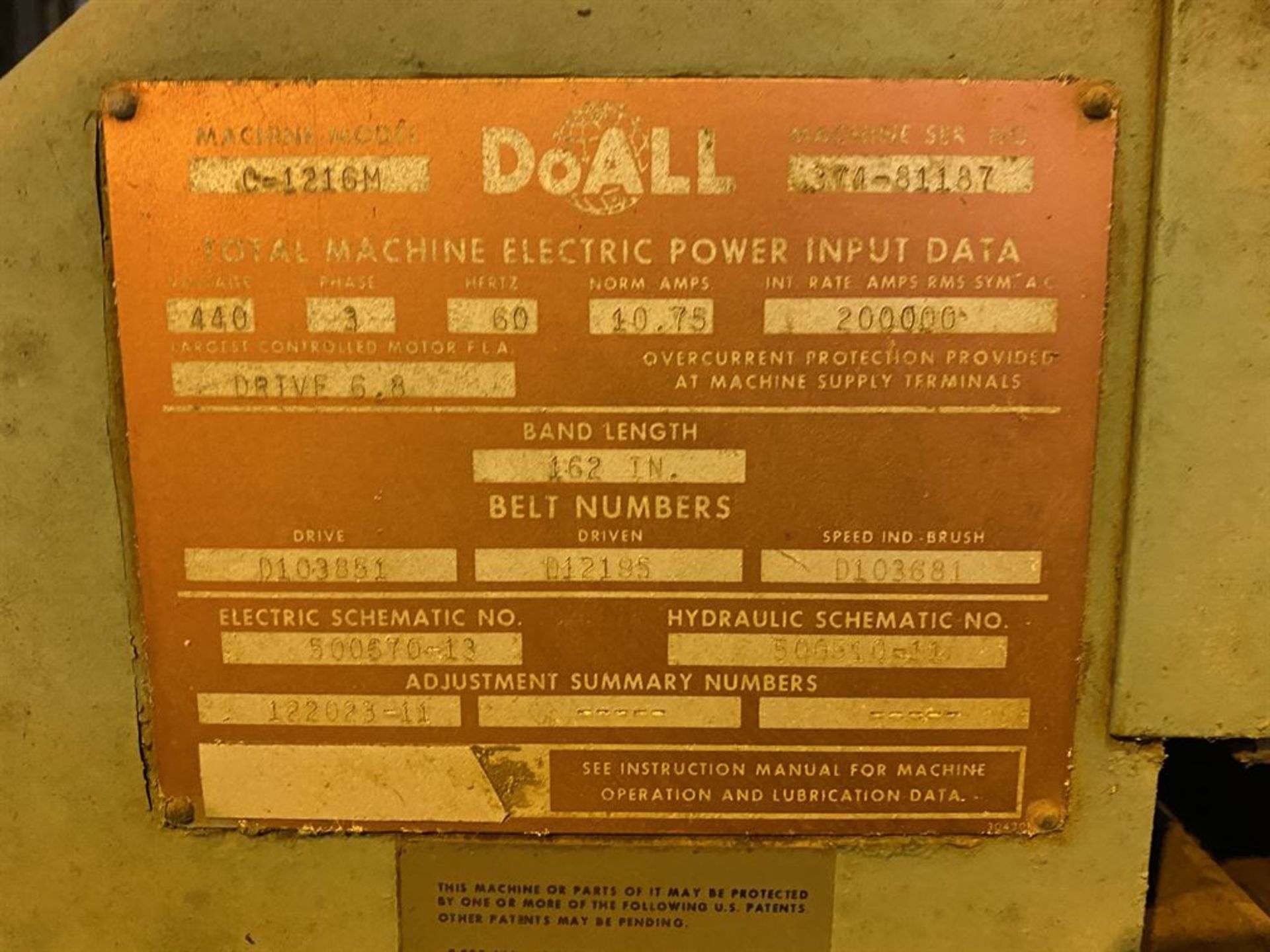 DOALL C-1216M Horizontal Bandsaw, s/n 374-81187, w/ Conveyor (Location: Machine Shop) - Image 6 of 6