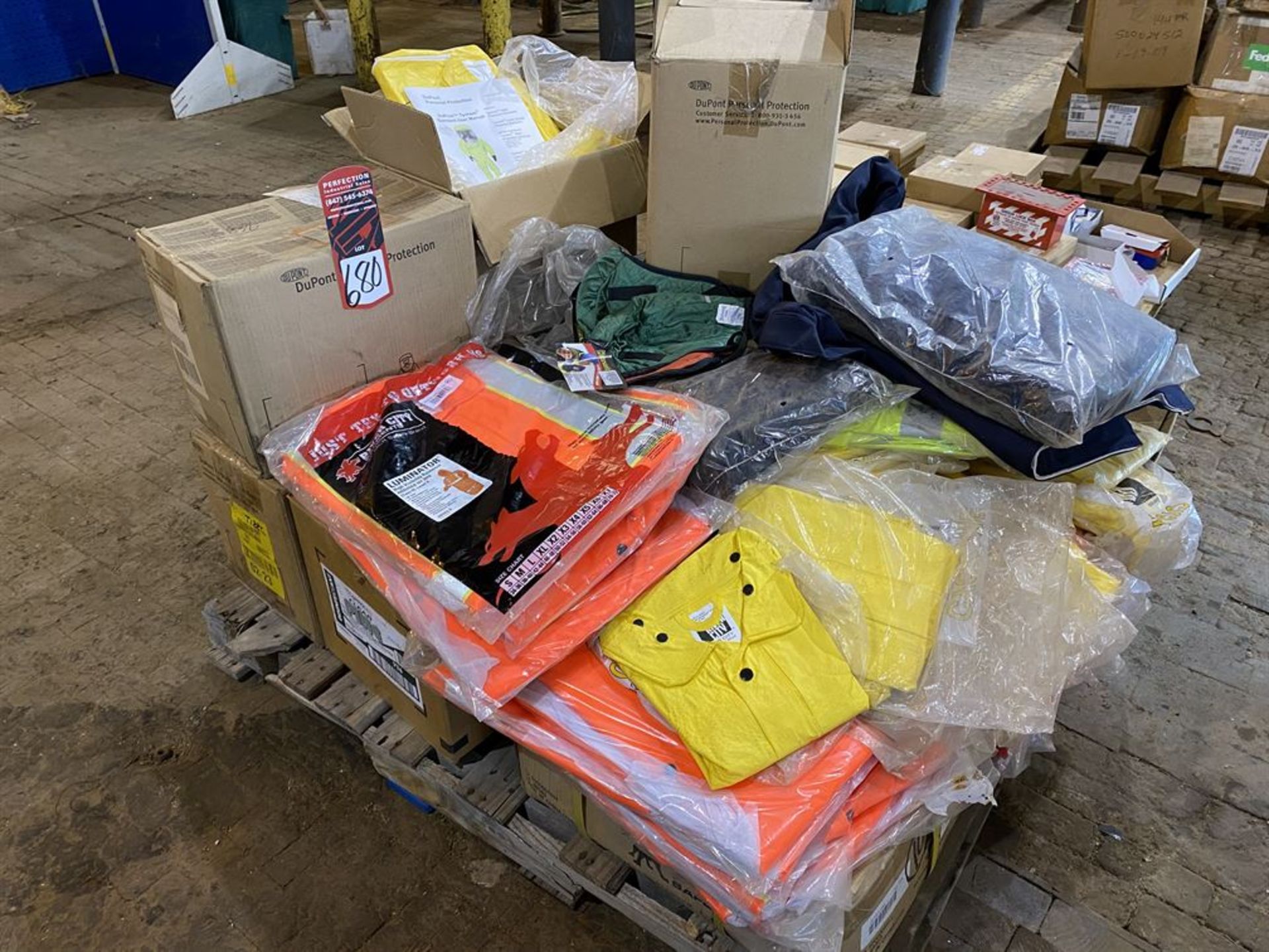 Lot of Assorted PPE Including Work Vests, Vapor Garments, and High Visibility Rainwear (Location: