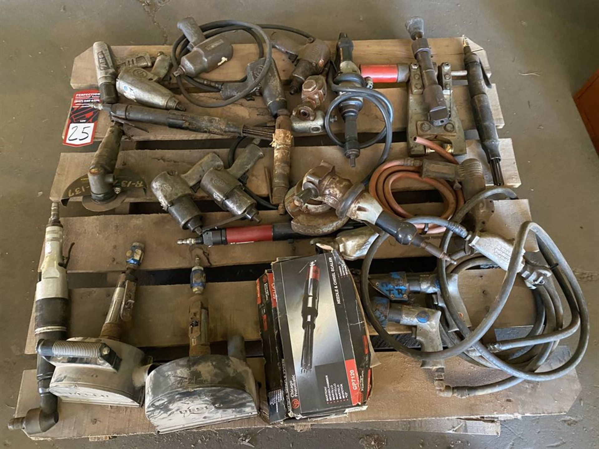 Pallet of Assorted Pneumatic Tools Including Impacts, Scalers, Nibbler and Grinders (Location: