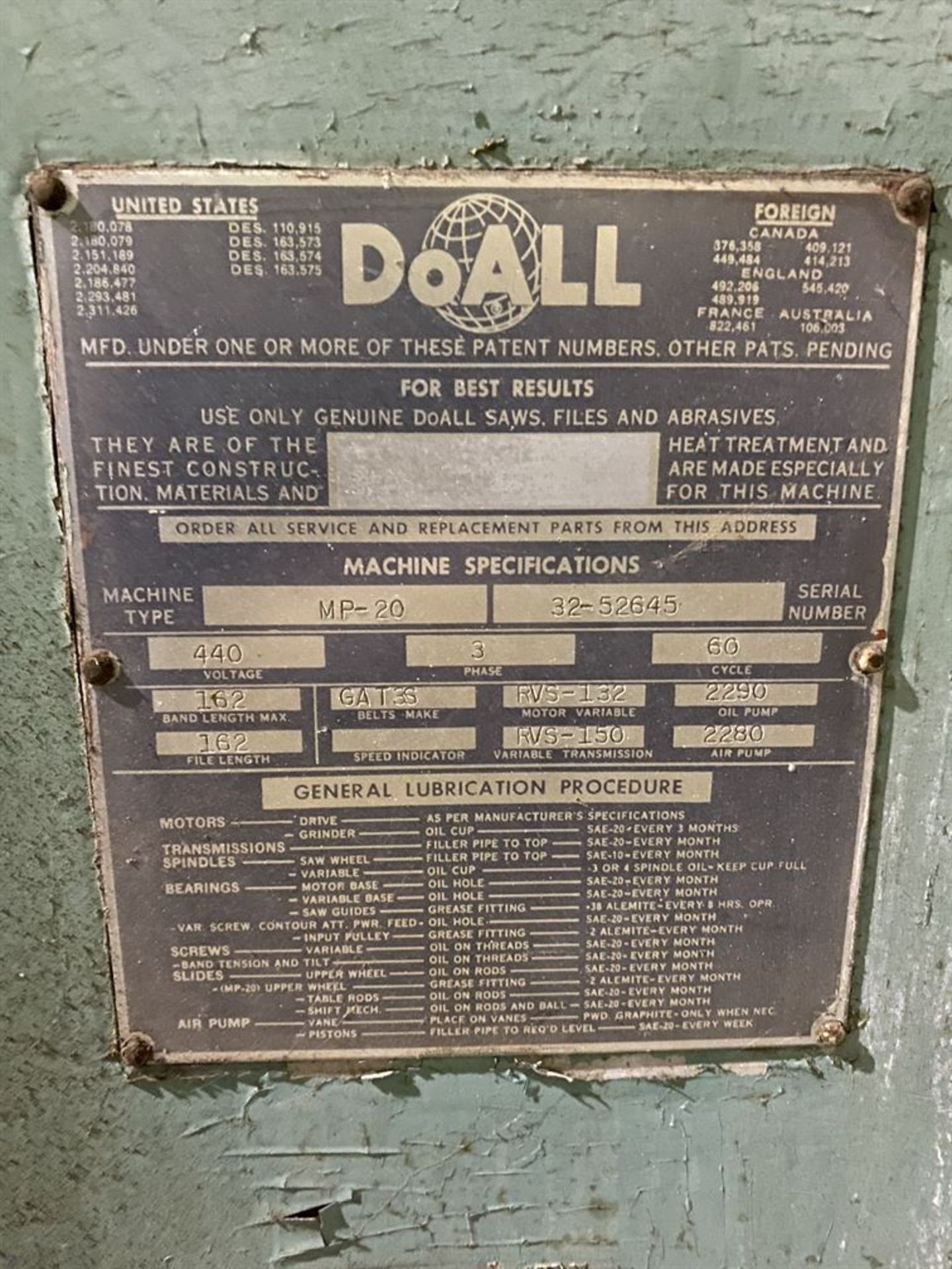 DOALL MP20 Vertical Bandsaw, s/n 3252645 (Location: Machine Shop) - Image 4 of 6